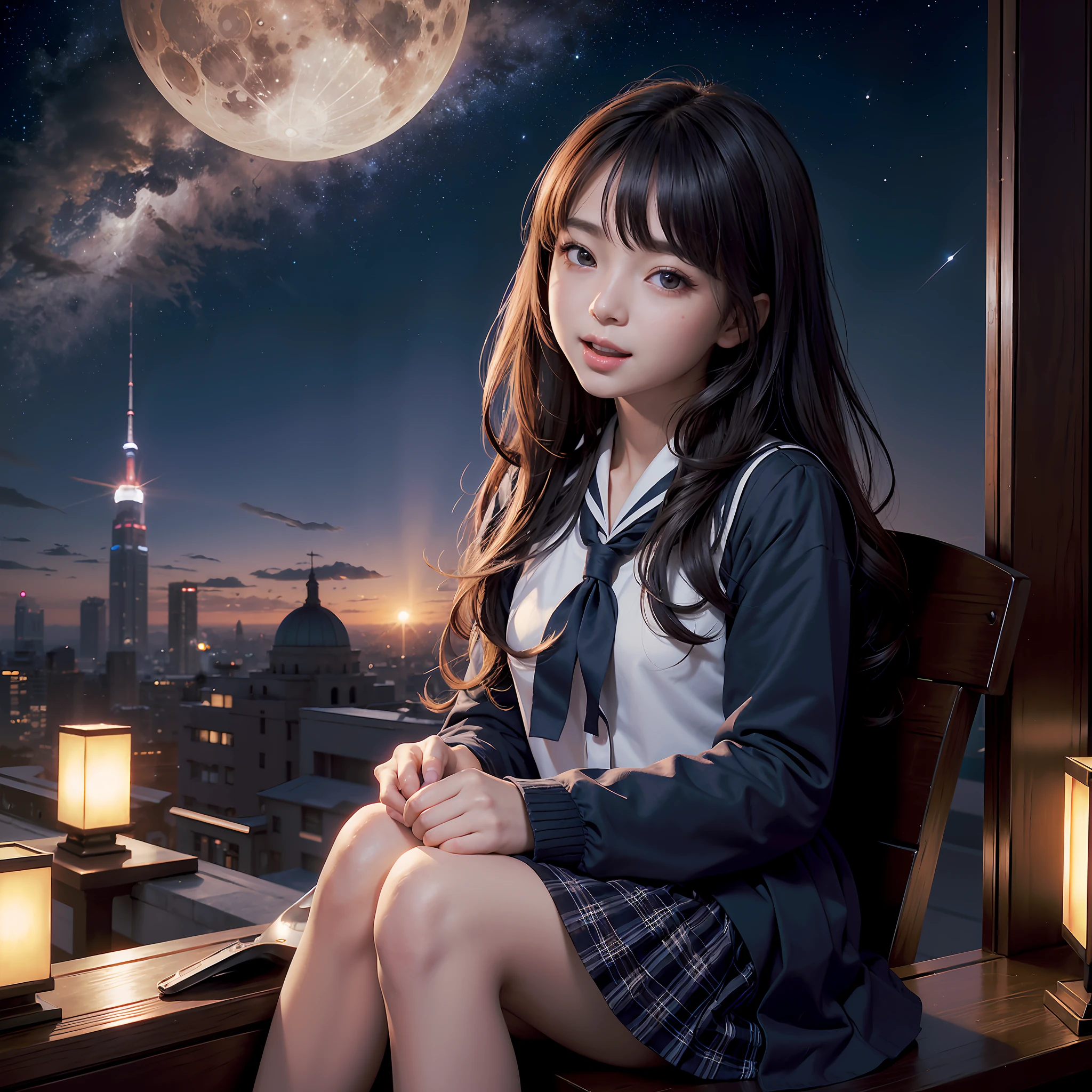 ((unparalleled masterpiece ever、best qualtiy、erfect artwork))、(realisitic, Photorealsitic:1.37)、kosmos、intergalactic、stele、planetes、milkyway、shooting stars、((Crescent of outer space))、((Girl sitting on the moon))、1girl in、17 age、japanes、cute little、((JK Uniform、serafuku))、((Floating hair))、Medium length、A smile、((open open mouth))、Look at viewers、((full body seen))、very detailed and professional lighting、photon maping、Radio City、physically-based renderingt、光线追踪、breath taking、astonishing、finely detail、unbelievable Ridiculous、huge filesize、ultra-detailliert、hight resolution、the Extremely Detailed CG Unity 8K Wallpapers、a beautiful detailed girl、extremely detailed eye and face、beatiful detailed eyes