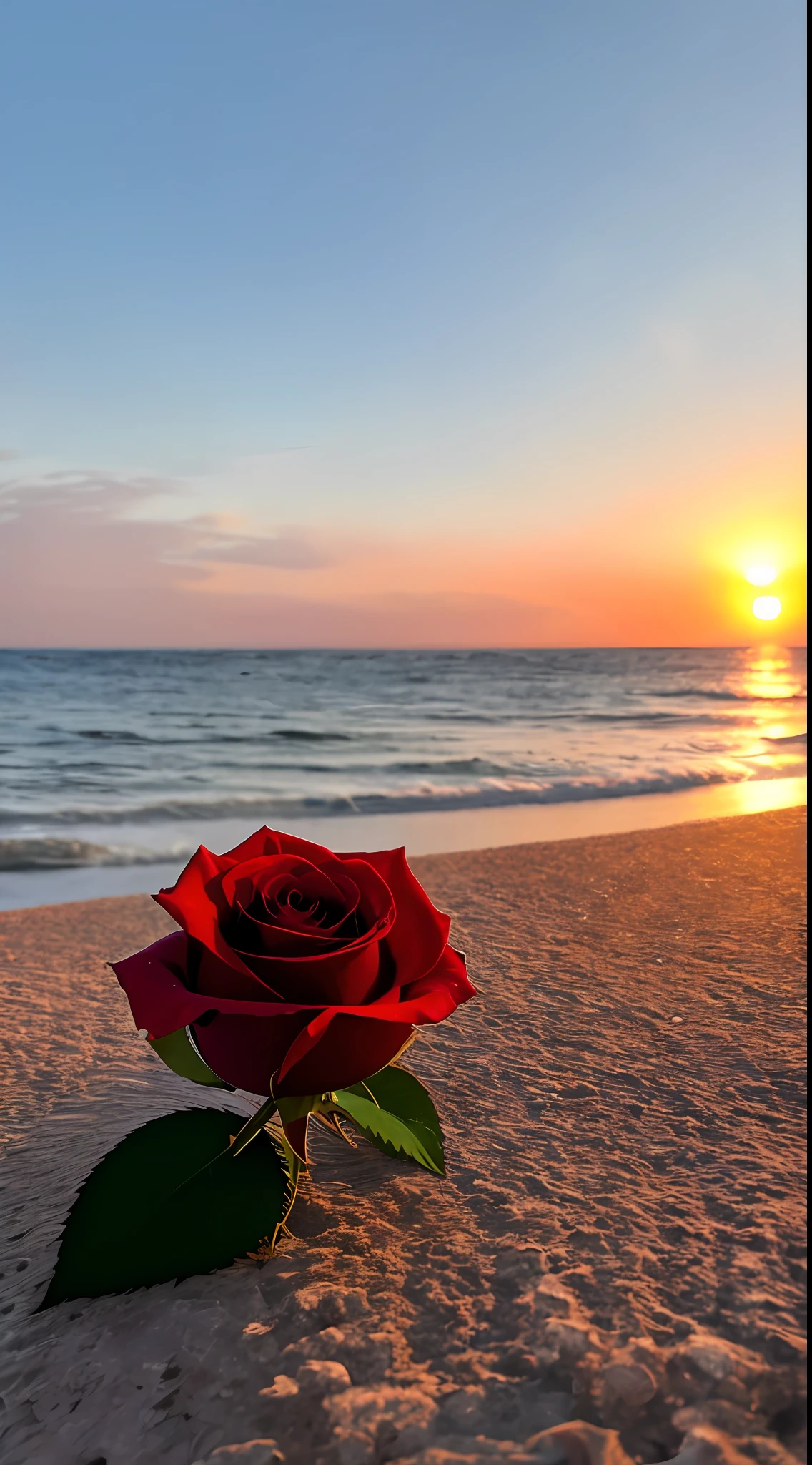 Close-up Shot Shot，A rose，The background is the gorgeous sunset by the sea，Authentic texture，Warm，A pair of seagulls flew in the air