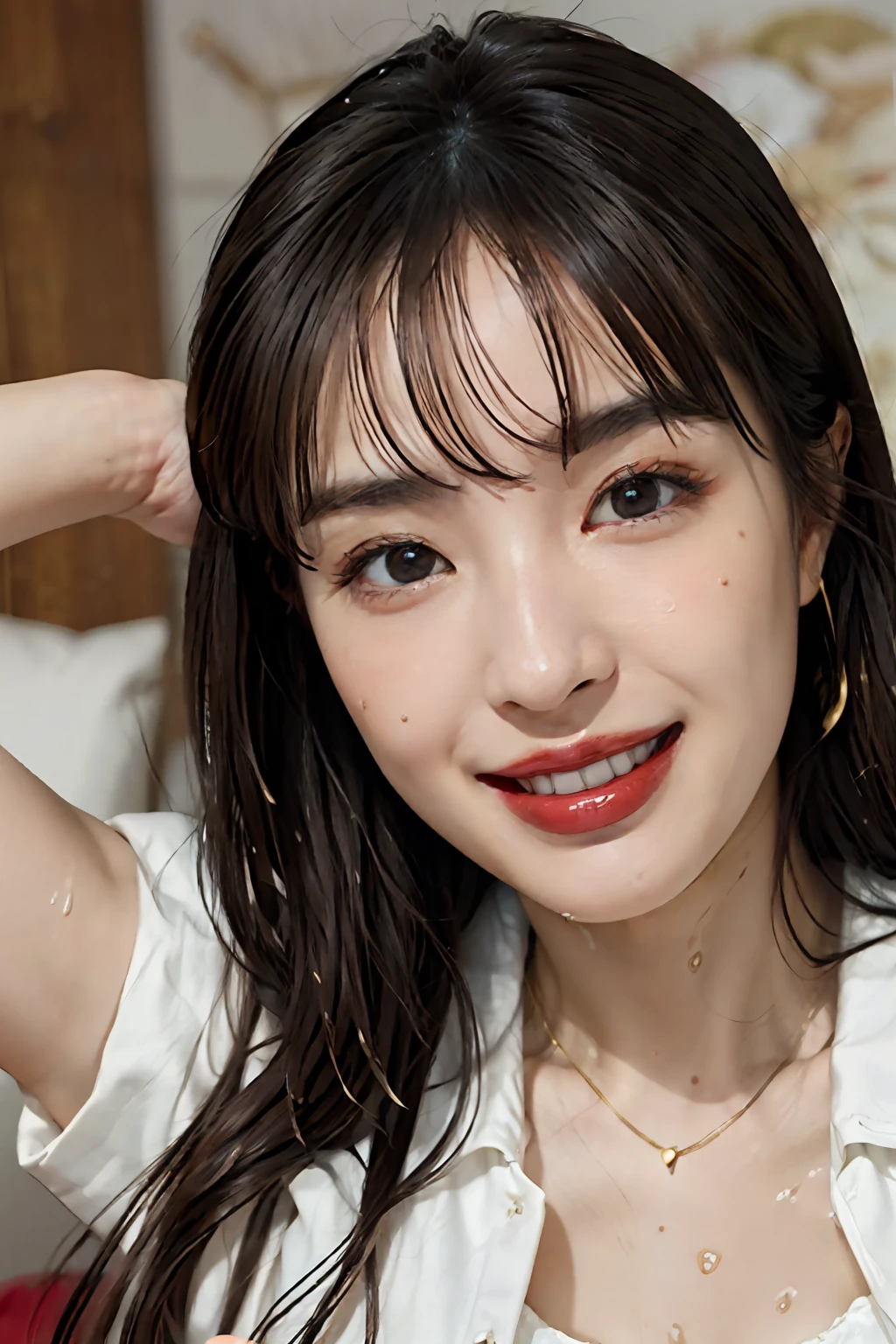 masterpiece、top-quality、realisitic、(A hyper-realistic), (illustratio), (hight resolution), (8K), (ighly detailed), (The best illustrations), (beatiful detailed eyes), (top-quality), (ultra-detailliert), (masterpiece), (wall-paper), (详细的脸), a bed、Upper body close-up,Armpit, A smile,Plump,独奏,(Wearing a silk plunged open shirt:1.5), full of sweat, japanes, large full breasts, (camel's toe)、huge-breasted、Luxury living room、Detailed white teeth、ultimate beauty girl、No bra、(Thick necklace of gold)、perfect teeth、Brown hair、Light makeup、Navel、She's wet、soaked、