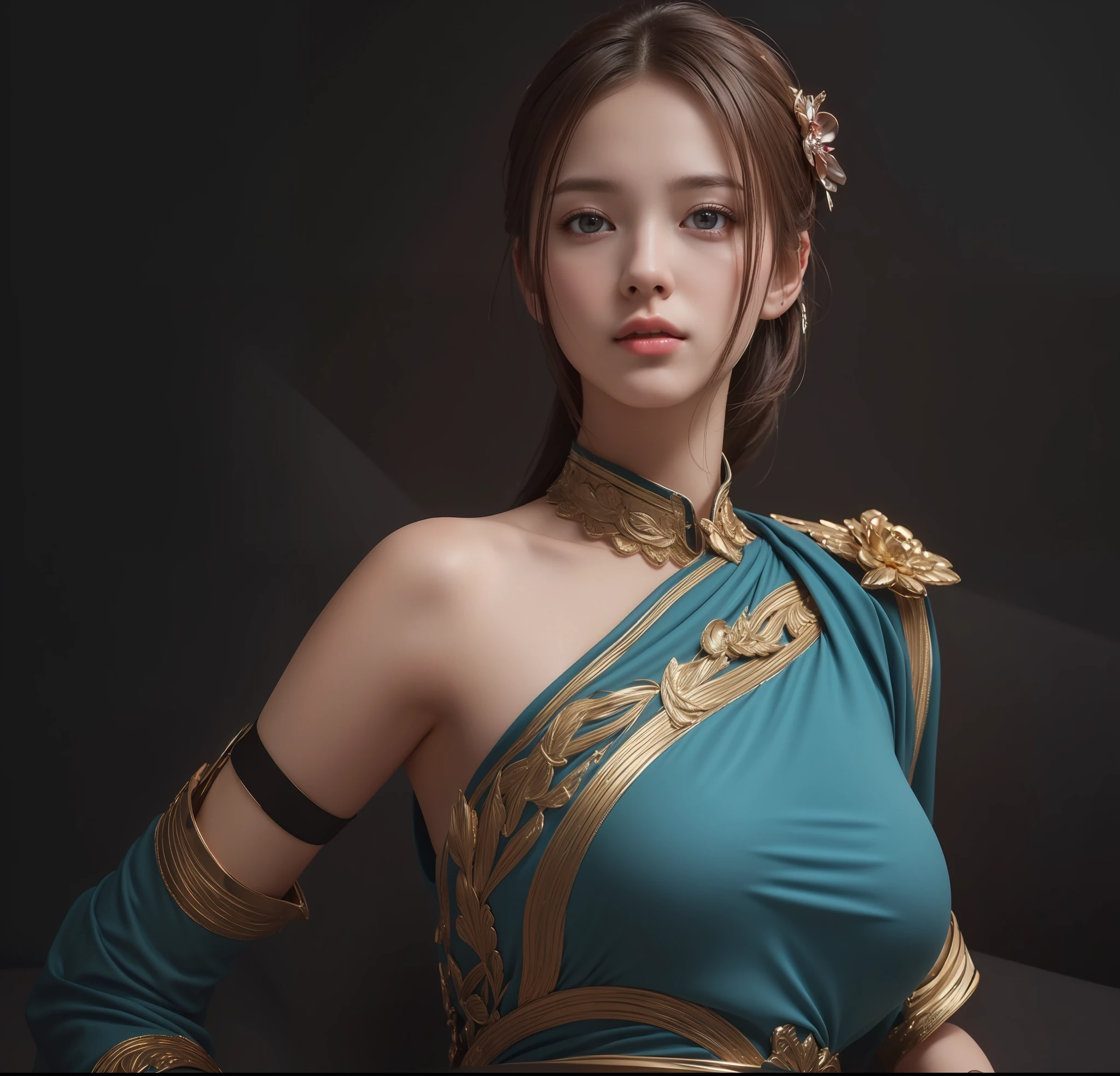 (nsfw:1.1), (masterpiece, best quality, extremely detailed 8k, ultra hd, ultra-detailed, highly detailed, highly realistic, ultra-realistic, photo realistic), (1girl:1.5), (detailed realistic skin), (realistic big breasts), slender abs, (closed mouth:1.4)