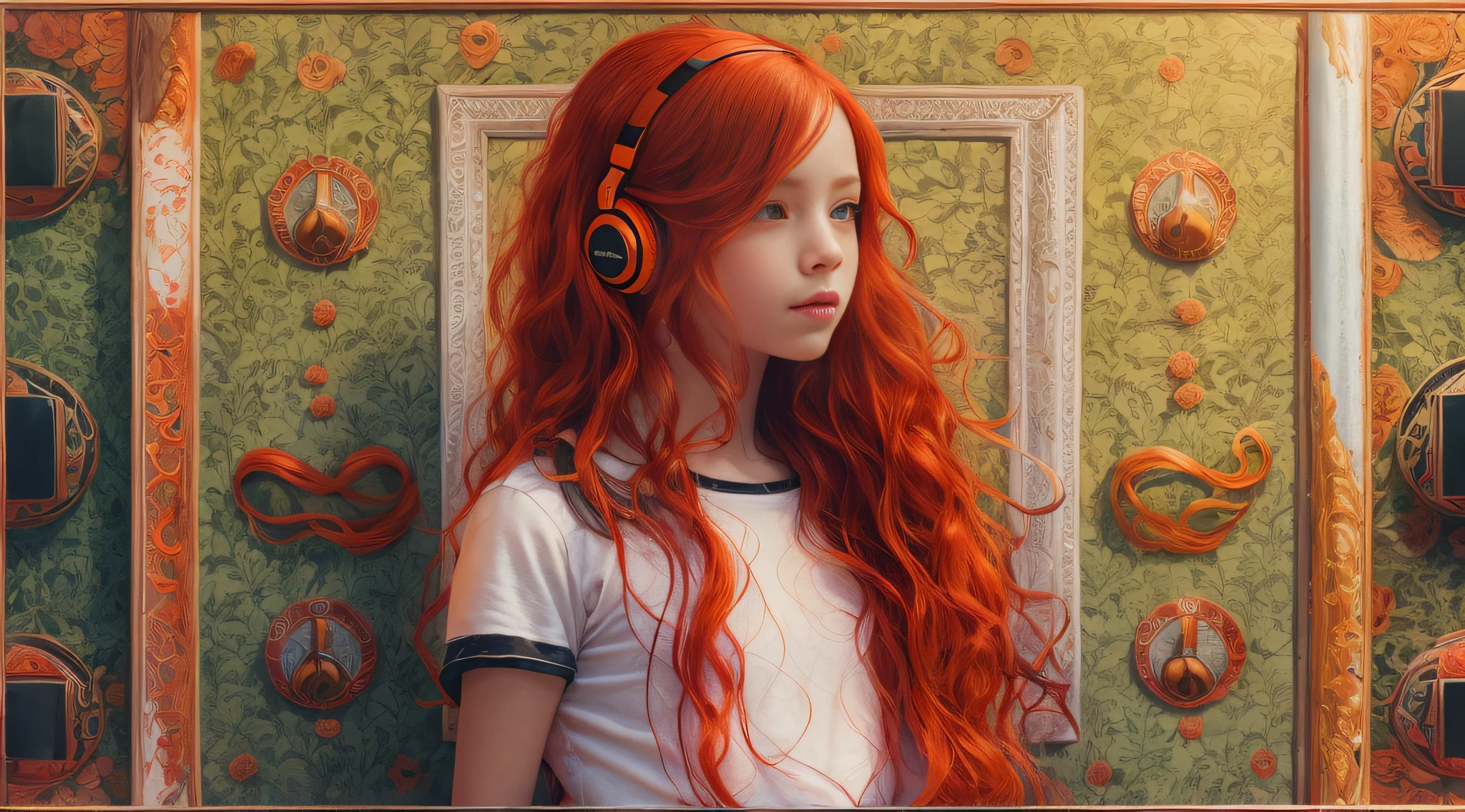 girl CHILD 10 years old, PORTRAIT STYLE, with headphones holding a Pink Floyd album, The Dark Side of the Moon, with red hair and jewelry posing for a photo, very long wavy fiery red hair, orange skin and long burning hair, long curly red hair, bright long red hair, long stream of red hair, fiery red hair, big wavy red hair, red hair and attractive features, red curly hair, flowing orange hair, very long flowing red hair, flowing red hair