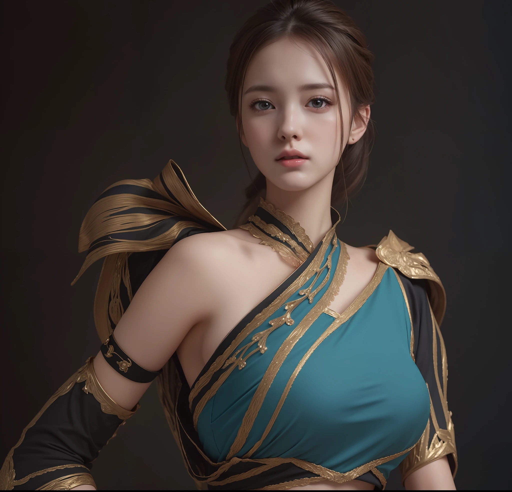(nsfw:1.1), (masterpiece, best quality, extremely detailed 8k, ultra hd, ultra-detailed, highly detailed, highly realistic, ultra-realistic, photo realistic), (1girl:1.5), (detailed realistic skin), (realistic big breasts), slender abs, (closed mouth:1.4), breasts out,