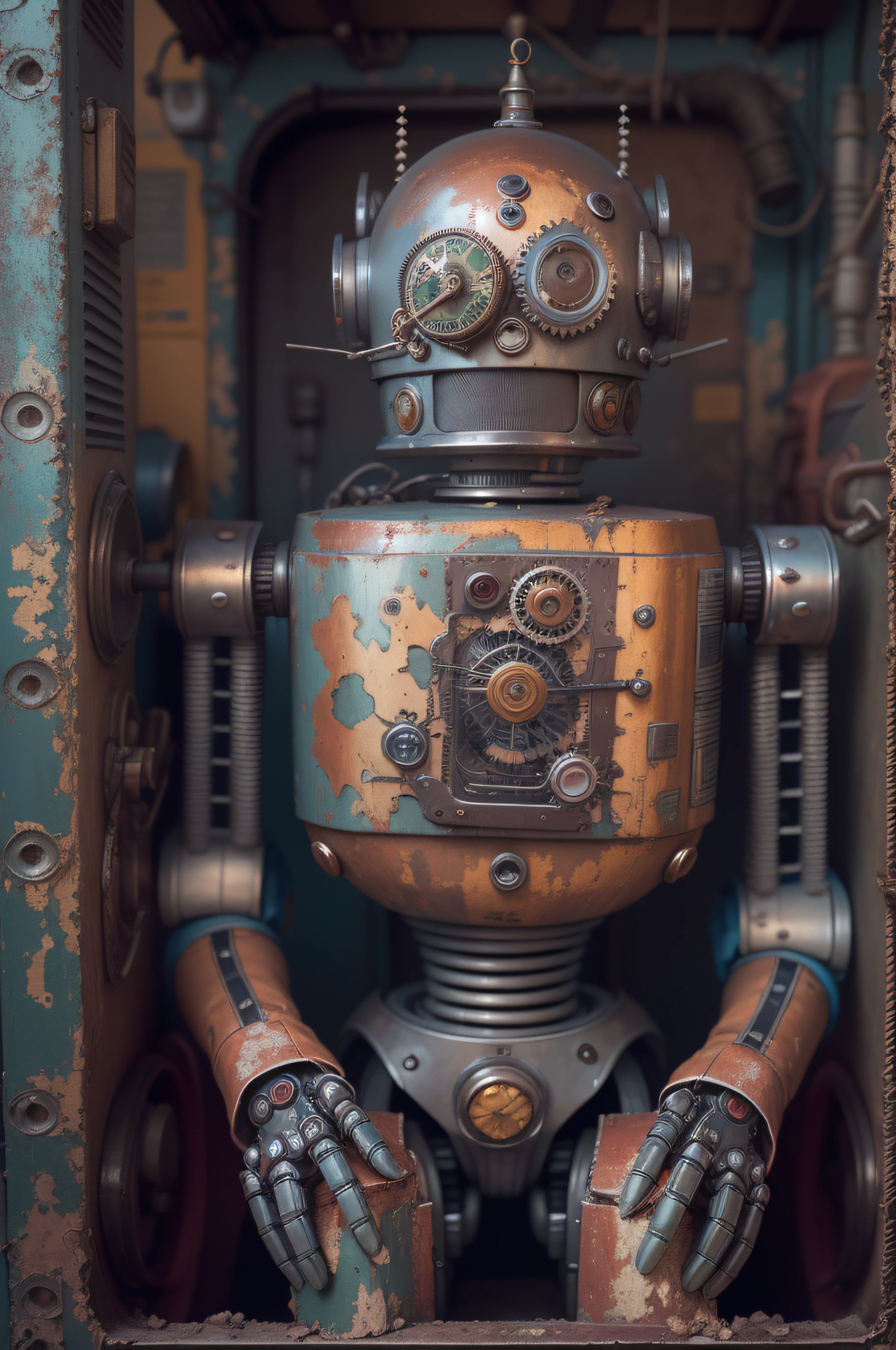 fine art photography, washed out colors, A male robot from the USSR of the future, similar to a real person but in a metal case, steampunk, native art, droste effect photography, cyborg, robot