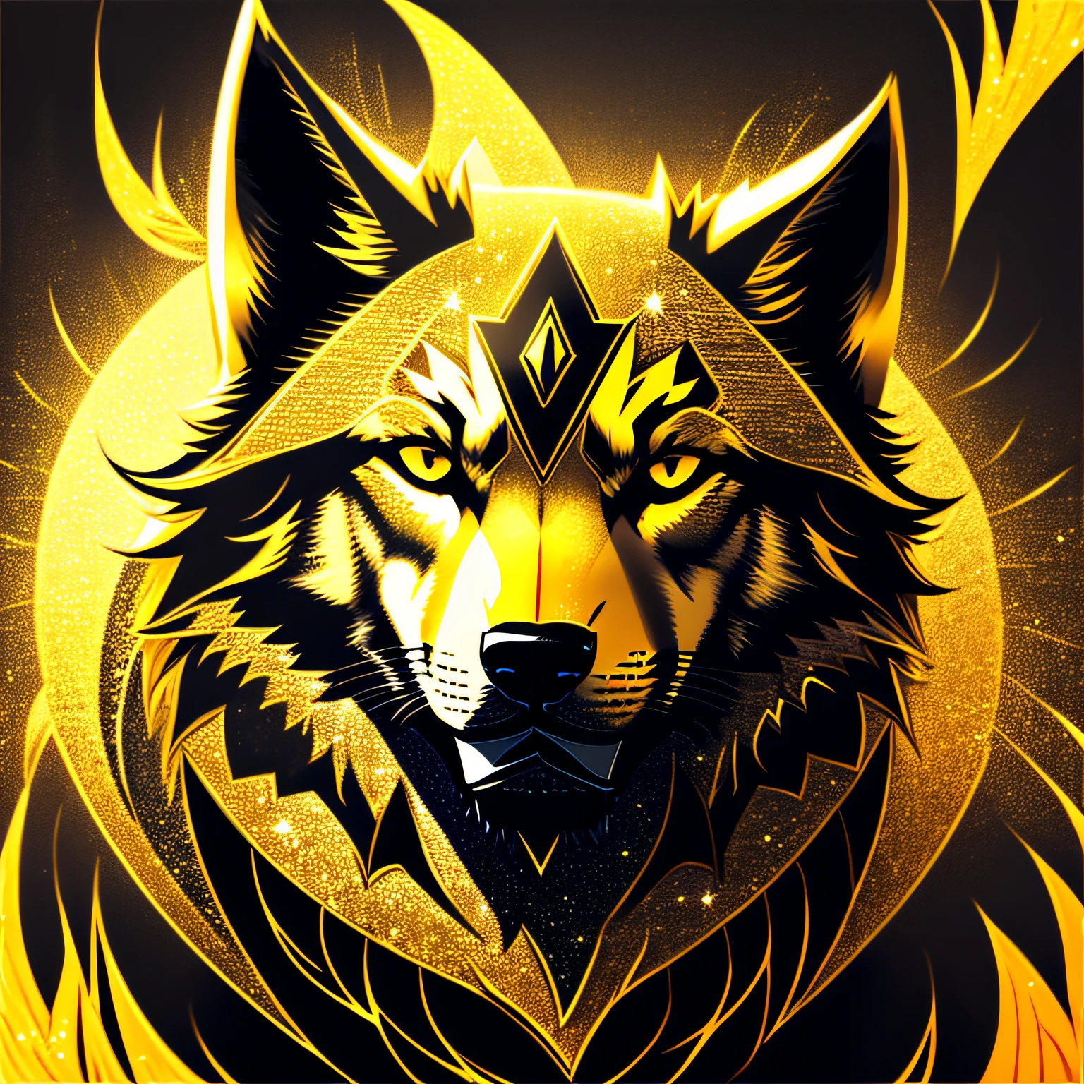 Draw a golden wolf with sparkling eyes and a fierce expression on a deep black background, symbolizing his courage and determination. --auto