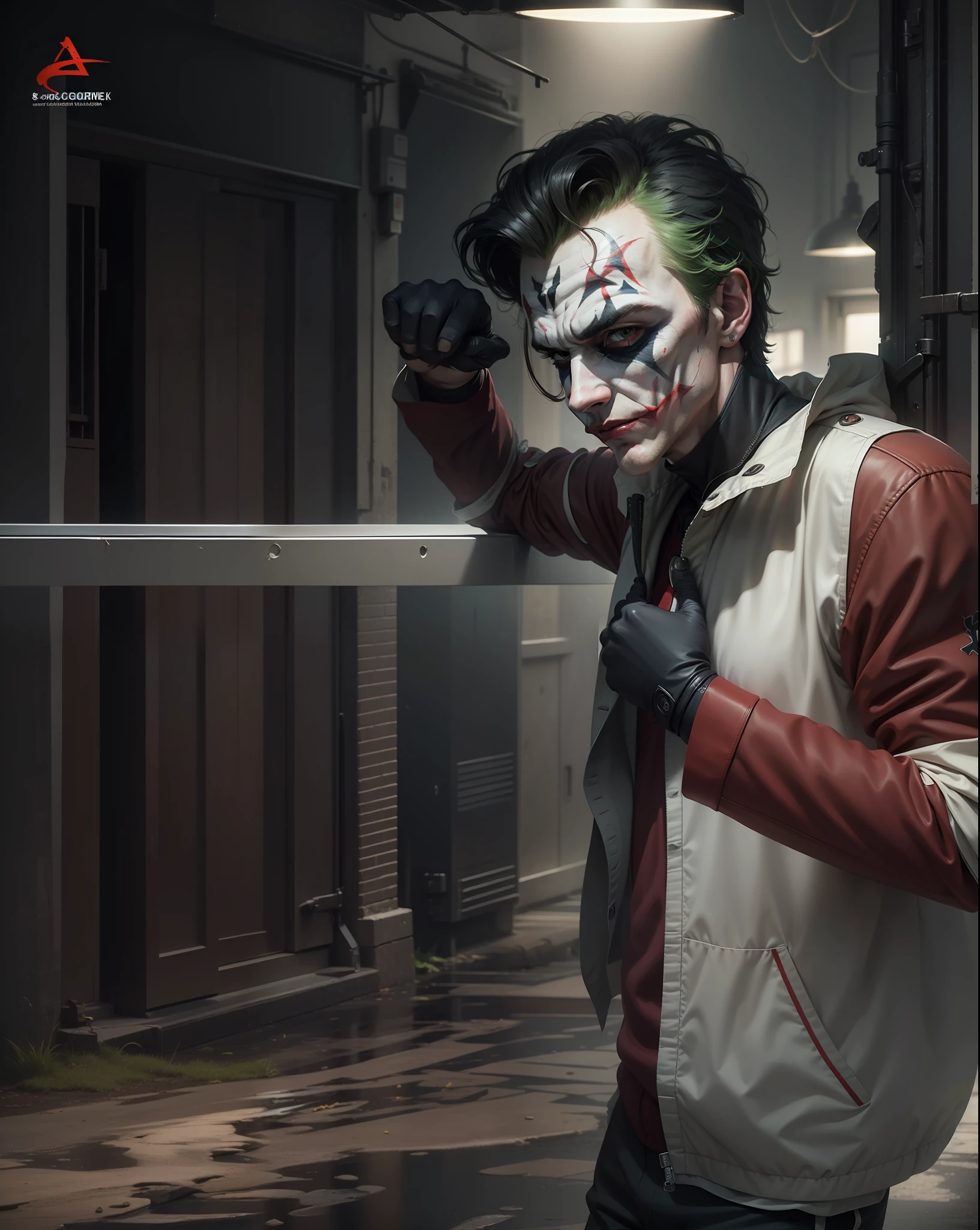 (8k, RAW photo, best quality, masterpiece:1.2), ultra detailed, official art, photo-realistic:1.37, upper body shot, DC Joker, film grain, action pose