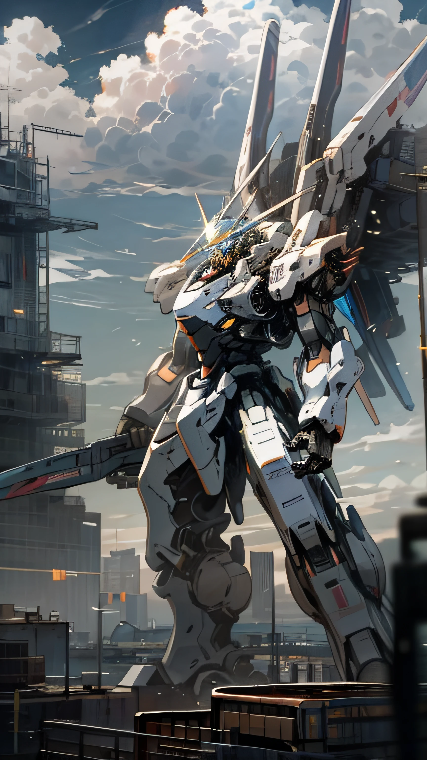 Sky, Clouds, holding_weapon, no_humans, Glow, Mecha, Architecture, Science Fiction, City, Reality