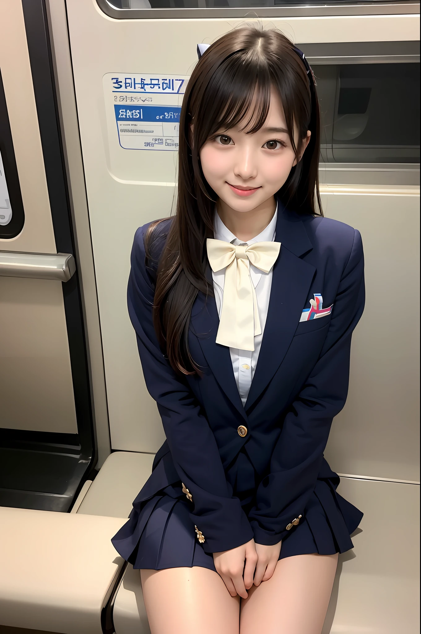 high-angle shot、Center view、Arafe asian woman in short skirt and bow tie sitting on train、cute school girl、Japan Girl Uniform、Wearing Japan school uniform、Japan School Uniforms、a hyperrealistic schoolgirl、Dressed as a schoolgirl、a hyperrealistic schoolgirl、Wearing a uniform、Realistic Schoolgirl、Girl in Uniform、Wearing a uniform、Schoolgirl Pose、full body Esbian、Nice skin、glistning skin、lovely thighs、glowing thigh、shining legs、bare-legged , High School in Japan 、乃木坂アイドル、韓国アイドル