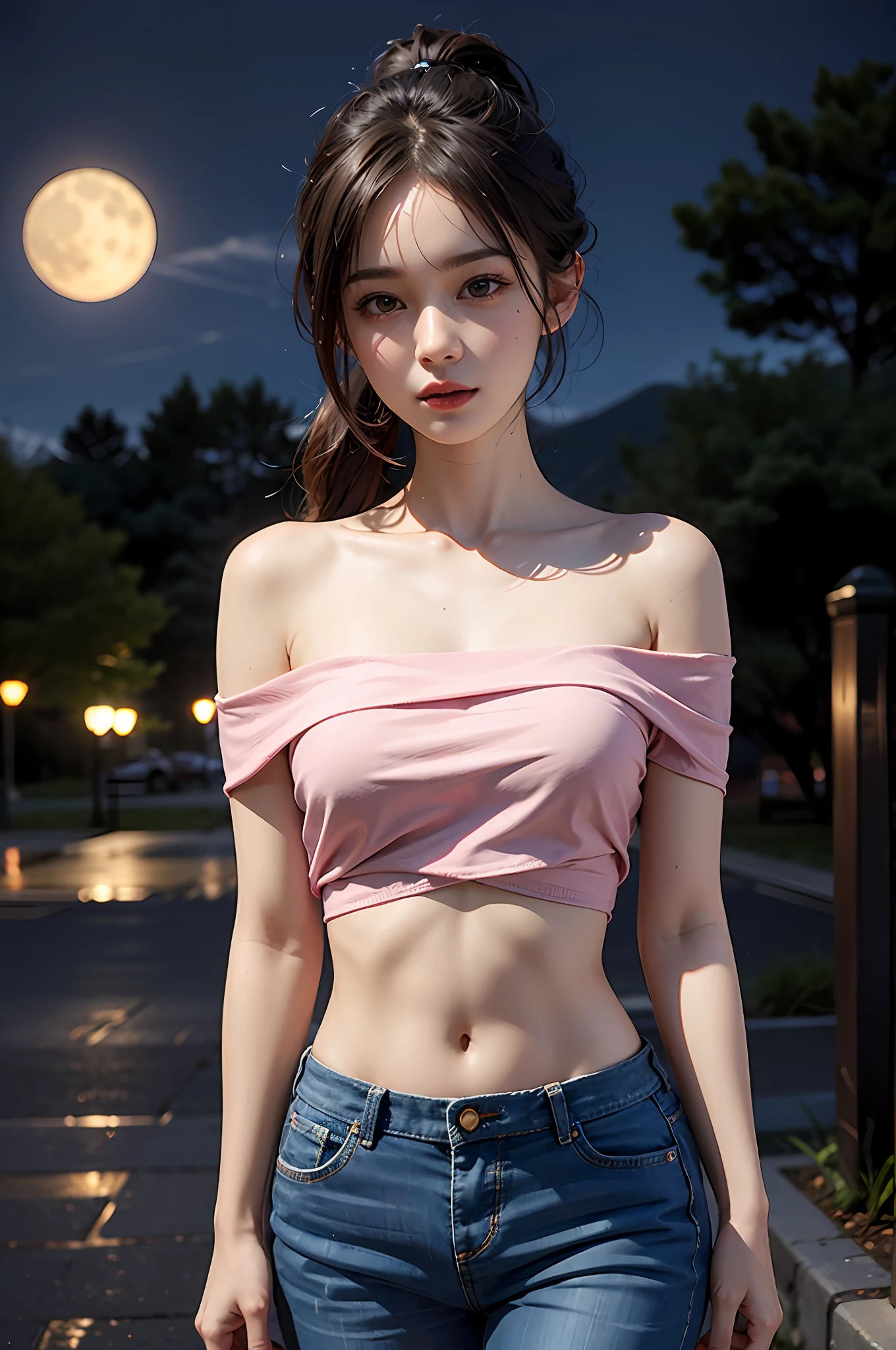 best qualtiy,sface focus,Look at the audience head-on,the soft light,(depth of fields),超高分辨率,(Photorealsitic:1.4),RAW photos,Bigchest,Red clothes,Open navel,Bare shoulders,By bangs,Long ponytail hairstyle,(sportrait:1.4),(From the front side)1girll,独奏,adolable,(Shy,ssmile:1.1),(with brown eye),Detailed beautiful face,(mid day_Hair), moon in the night,Walk,(off-the-shoulder shirts),