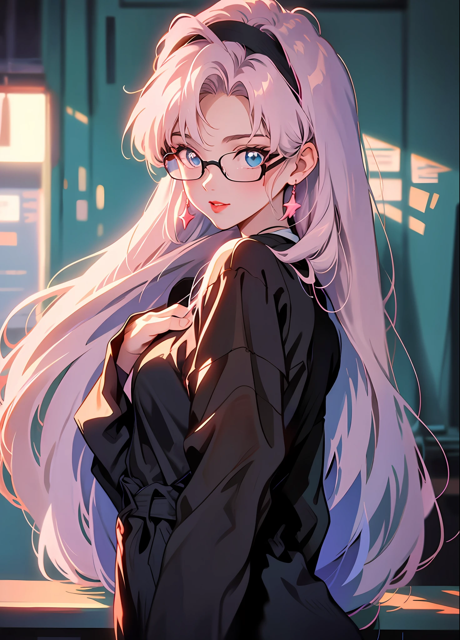 90's anime style，tmasterpiece，best qualityer，highest  quality，realisticlying，perfectanatomy，perfectface，Perfect eyes，long eyelasher，largeeyes，Square frame glasses，Red lips，lipstick，Business suit，1girll，独奏，brunette color hair，shift dresses，eBlue eyes，shairband，（cabelos preto e longos），Pink dress，blacksilk，red hairband，exteriors, ssmile，Film texture