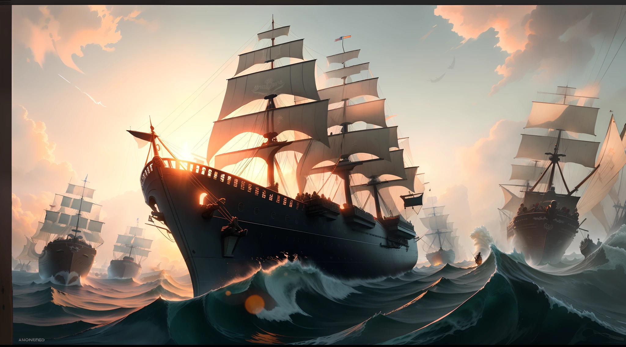 A majestic 18th century Spanish galleon sails powerfully through the choppy waters at sunrise. The wooden hull glistens with the moisture of the waves that break along the vessel. Cannons line up along the deck, ready for battle. Sailors climb the ropes of the ornate masts, opening the immense sails. Sculptures and adornments decorate the stern and bow. The captain stands heroically on the forecastle against the orange sky of the morning, holding his sword aloft. Painted in luminous oil colors with thick, loose brushstrokes, full of energy and movement