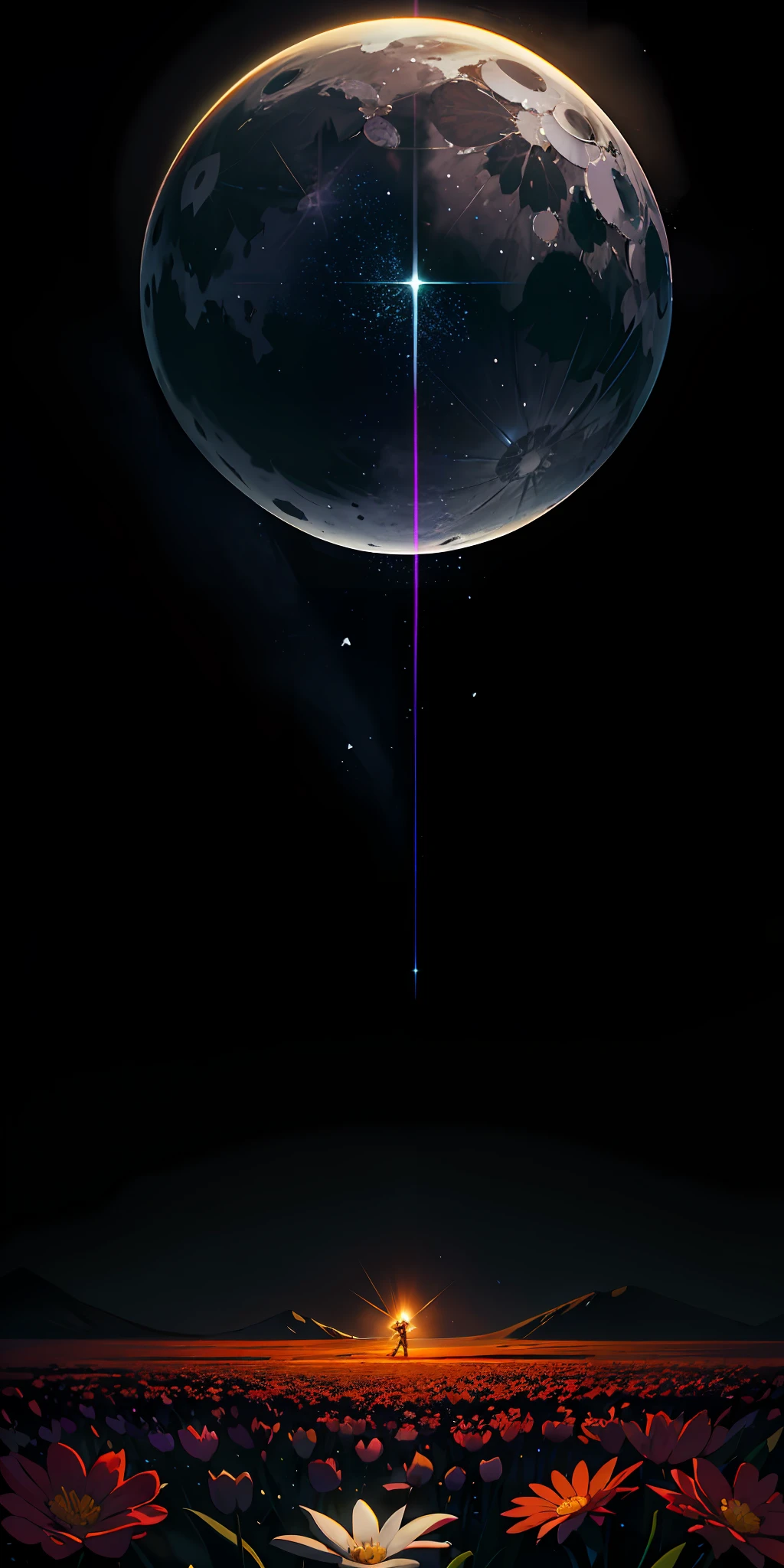 Expansive landscape photograph,(look from down,Above is the sky,Below are open fields),A boy standing on a flower field looking up,(moon full:0.9),(meteors:0.9),(Colorful nebulae:1.3),Far Mountain, the trees ,(Warm light source:1.2),(glowworm:1.2),lamp lights,Lots of purple and orange,Complicated details,Ray traching,Volumetriclighting,Realism BREAK(tmasterpiece:1.2),(best qualtiy),4k,Ultra-detailed,(dynamic compositions:1.4),The is very detailed,Colorful details,(Irridescent color:1.2),(luminouslighting,Atmospheric lighting),dream magical,magical,(独奏:1.2)