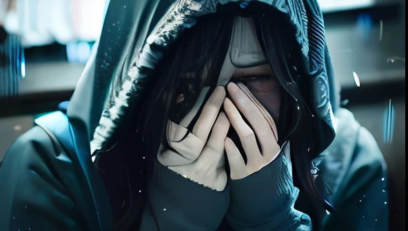 Imagem realista, muito detalhado. Woman in hooded sweatshirt covers face with hands, capa cobrindo o rosto, perturbado, mulher chorando, com o rosto coberto, rosto coberto, menina vestindo capuz, menina de cabelo preto vestindo capuz, hand over mouth, chorar, pessoas chorando, mulher encapuzada, choro e choro, capuz cobre os olhos, capuz e sombras cobrindo o rosto