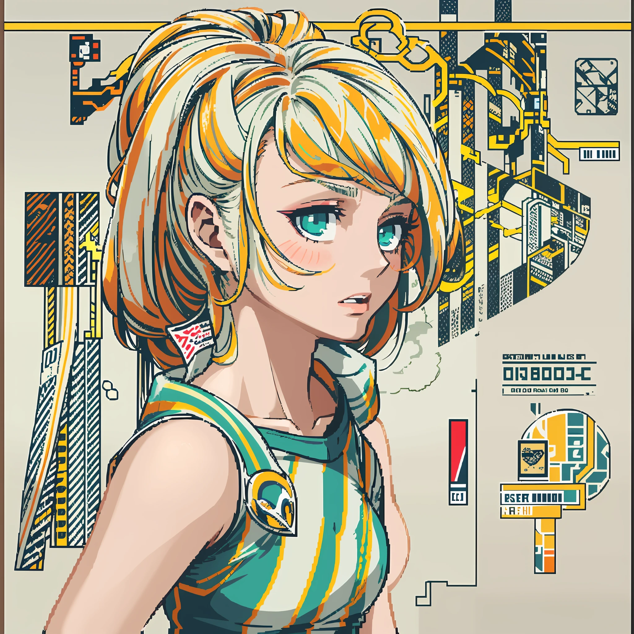 Striped hair, eyeball, Fair skin,(Sports girl), projected inset, hyper HD, Textured skin,(pictogram),(Advertising)