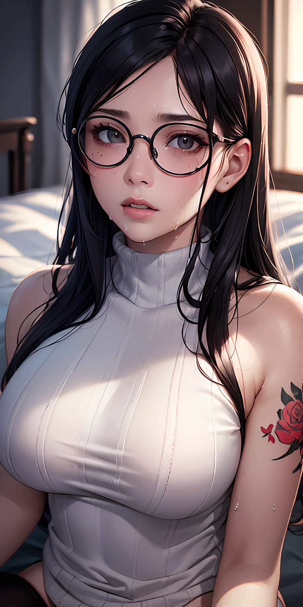 one-girl,circle glasses，Tattooed with， One-piece turtleneck white sleeveless sweater, Long white cotton socks, The lips are slightly open, Red-faced, Wet hair，Sweat all over the body，sit on a bed, crisp breasts, Convex buttocks, Grab your chest with both hands，Detailed background, Clothing details, perfectly proportioned, Multiple perspectives，filmgrain, Fuji colors, lightand shade contrast, tmasterpiece, high detal, high qulity, A high resolution, Cinematic lighting, 8K, Textured skin, Super detail