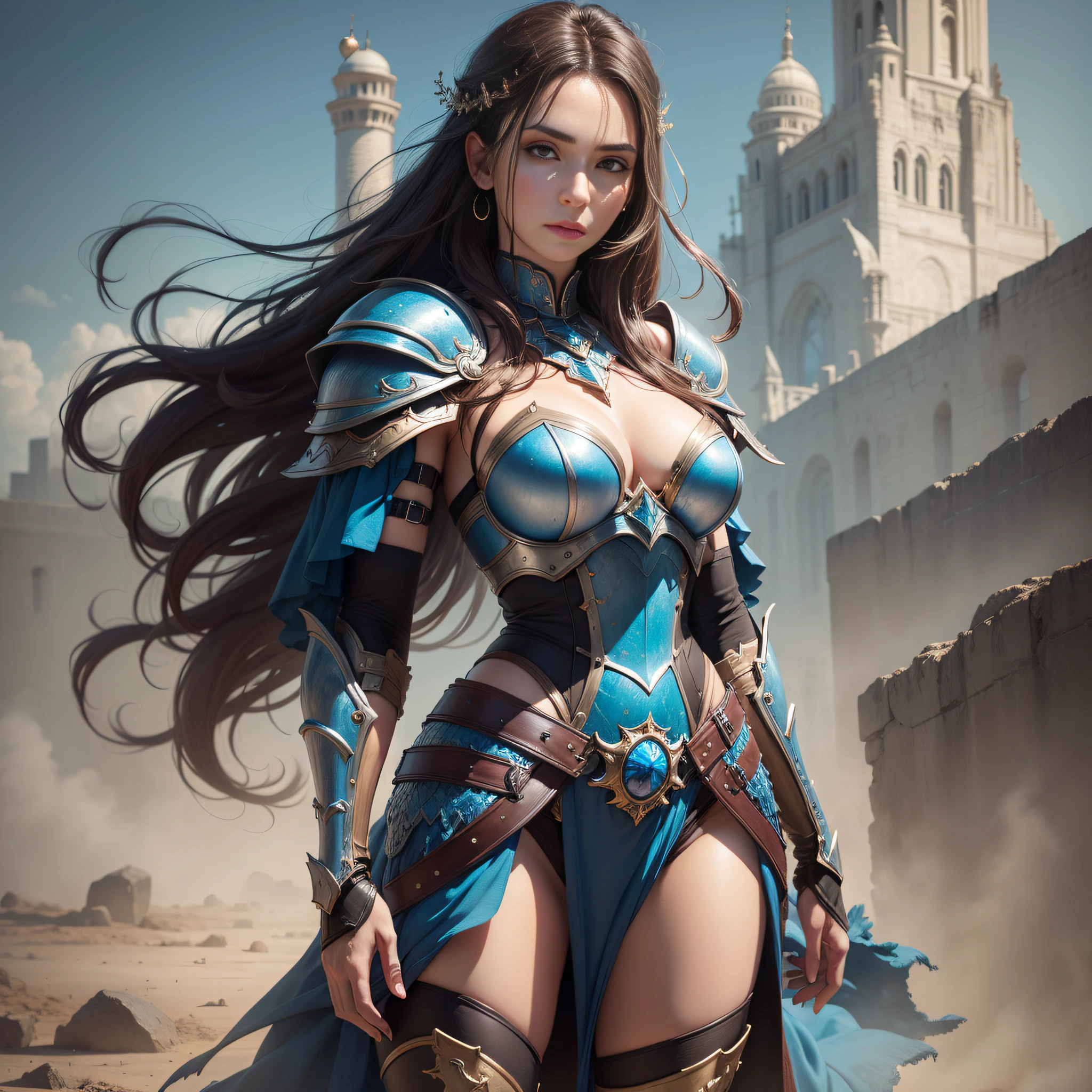 woman, photo realistic, masterpiece, realistic, high contrast, armor and closed blue iron, full body brown hair