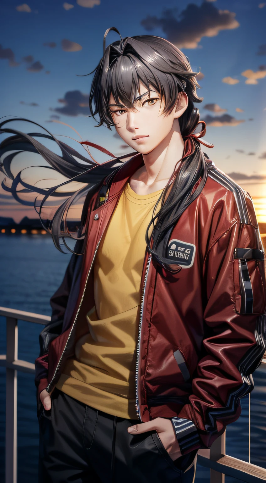 (Realistic:1.2), Satoshi Kizaki\(side-m\), Solo, view the viewer, 1boy, Daoyagao, Long hair, view the viewer, bangs, Hair ribbon, Low ponytail, Yellow eyes, whaite hair, Red jacket, Black shirt, Pants, day, sky