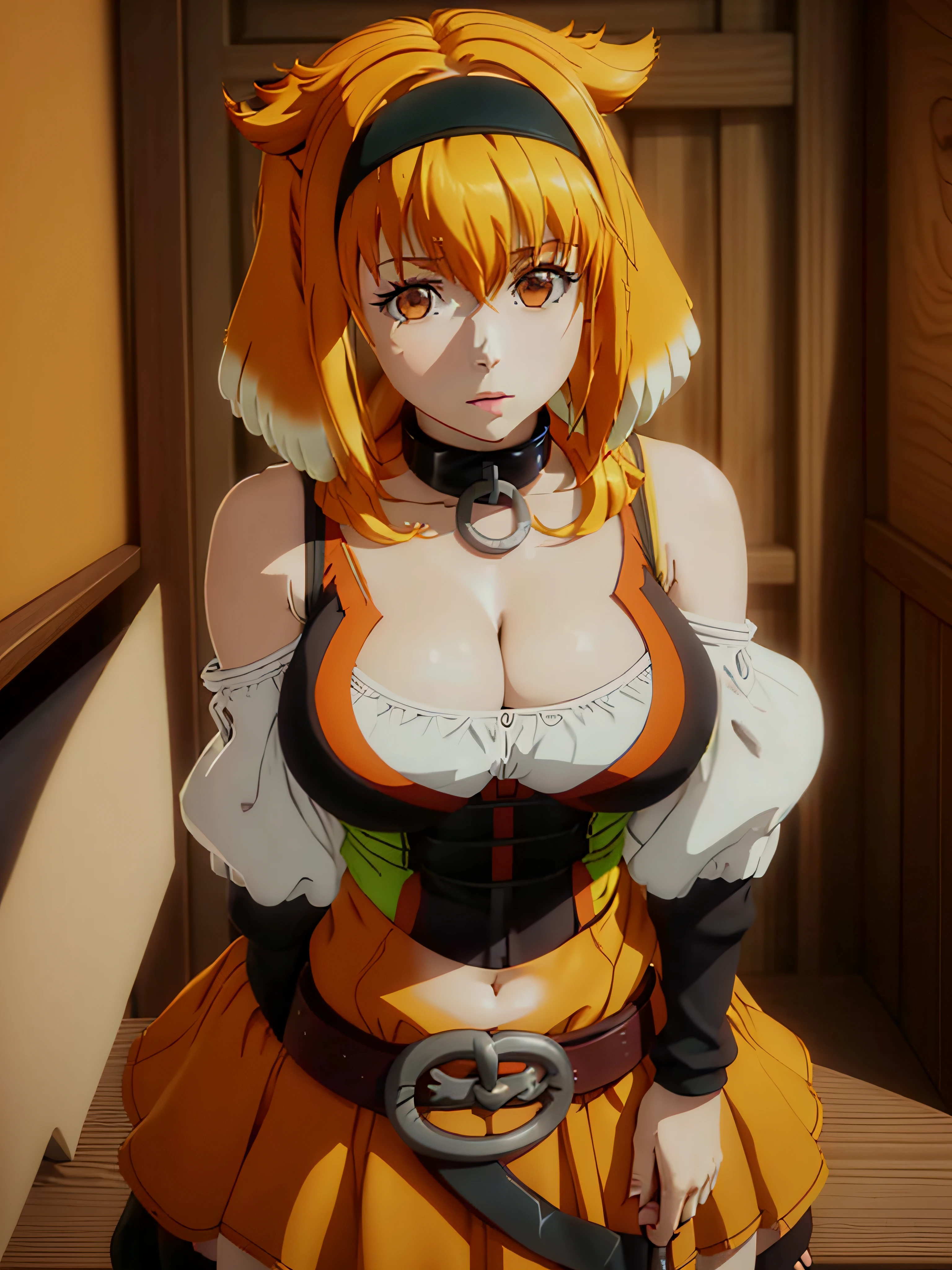roxxane, 1girl, solo, breasts, looking at viewer, animal ears, cleavage, hair between eyes, bare shoulders, brown eyes, collarbone, upper body, multicolored hair, hairband, detached sleeves, orange hair, huge breasts, collar, black hairband, dog ears, fantasy, dog girl, black collar, floppy ears (masterpiece:1.2), (best quality), (ultra detailed), (8k, 4k, intricate),(full-body-shot:1),(highly detailed:1.2),(detailed face:1.2),(detailed background),detailed landscape, (dynamic angle:1.2),