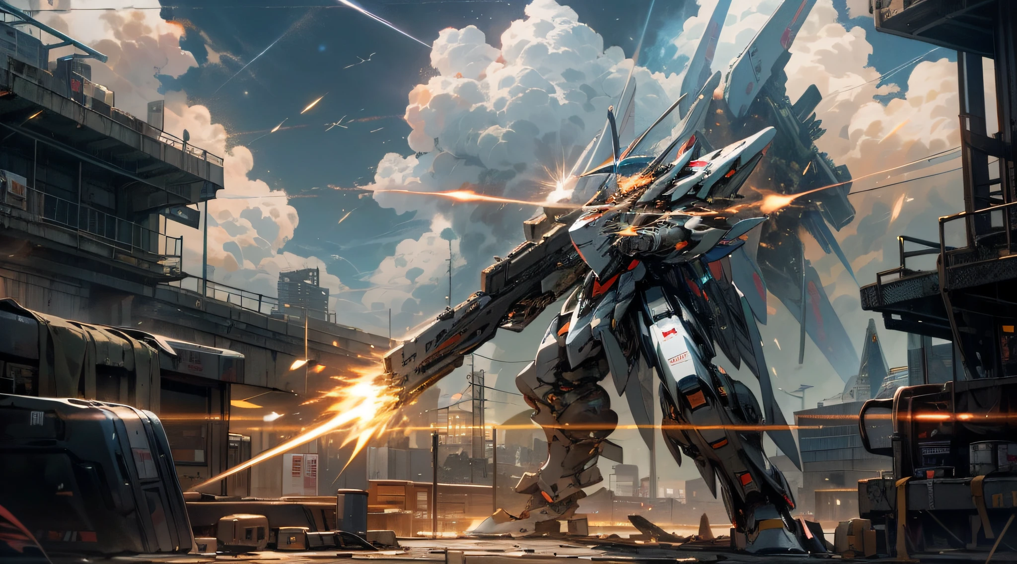 sky, cloud, holding_weapon, no_humans, glowing, , robot, building, glowing_eyes, mecha, science_fiction, city, real, mech, snipe colony with strongest beam and shoot down destruction, possess double rifle, strafe funnel, attack for revival, space colony explodes --auto