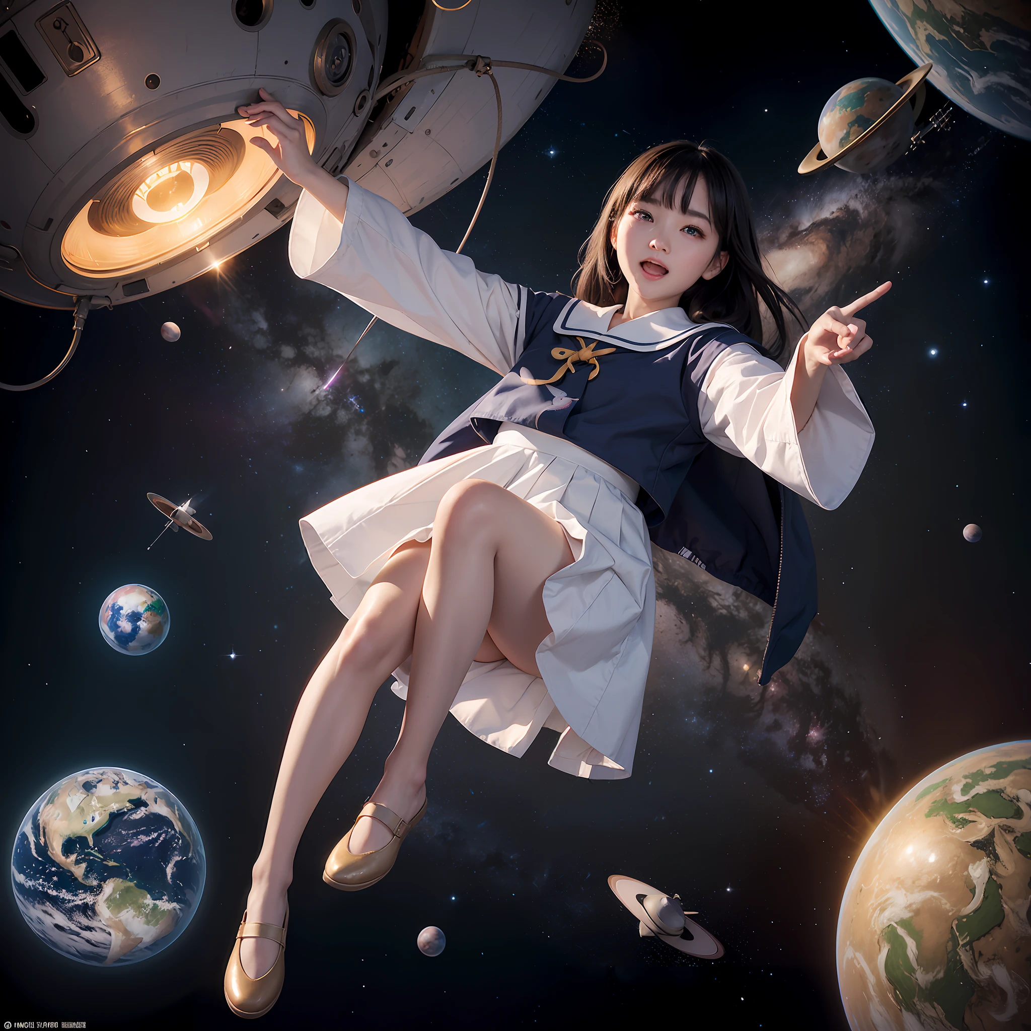 ((unparalleled masterpiece ever、best qualtiy、erfect artwork))、(realisitic, Photorealsitic:1.37)、kosmos、((Floating in outer space))、hovering、levitation、Aerial jumps、Spread your arms wide、Open posture、(slightly curled legs:0.2)、weightless、((weightless))、1girl in、17 age、japanes、cute little、((JK Uniform))、serafuku、espadrilles、((Twin-tailed))、((Floating hair))、Medium length、A smile、((open open mouth))、Look at viewers、((Planet Earth as a background))、intergalactic、stele、planetes、milkyway、shooting stars、((full body seen))、very detailed and professional lighting、photon maping、Radio City、physically-based renderingt、光线追踪、breath taking、astonishing、finely detail、unbelievable Ridiculous、huge filesize、ultra-detailliert、hight resolution、the Extremely Detailed CG Unity 8K Wallpapers、a beautiful detailed girl、extremely detailed eye and face、beatiful detailed eyes