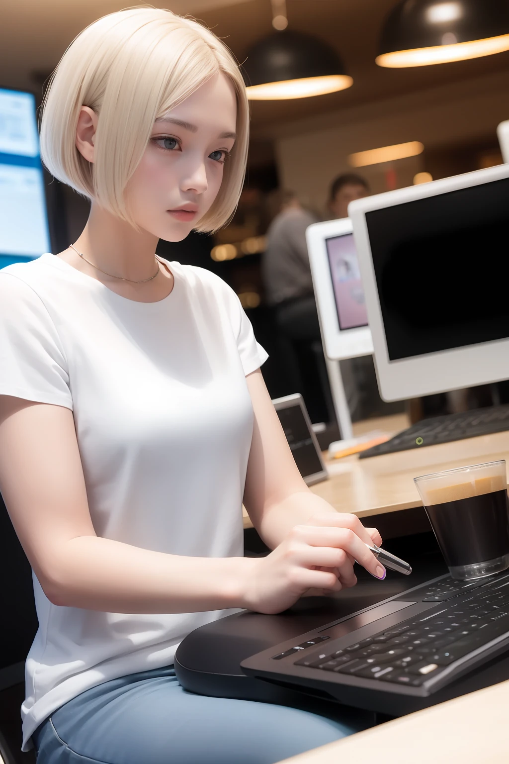 Study at a computer at a café、White bob cut 20 year old woman