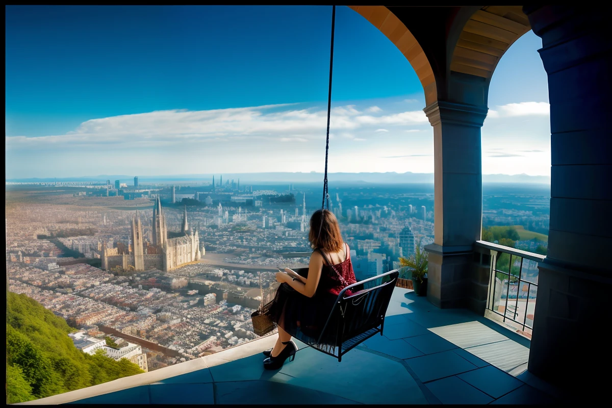 Araffe's wife sitting on a swing in a town, fotografia de fantasia, fotografia de fantasia realista, photo manipulation, photo - manipulation, acrofobia, surreal mulher jovem bonita, arte de fantasia urbana estilizada, Foto surreal, Foto retrato, Senhorita Aniela, fotografia de moda, photomanipulation, suspenso no ar, modeling photography, she is floating in the air, estilo surreal