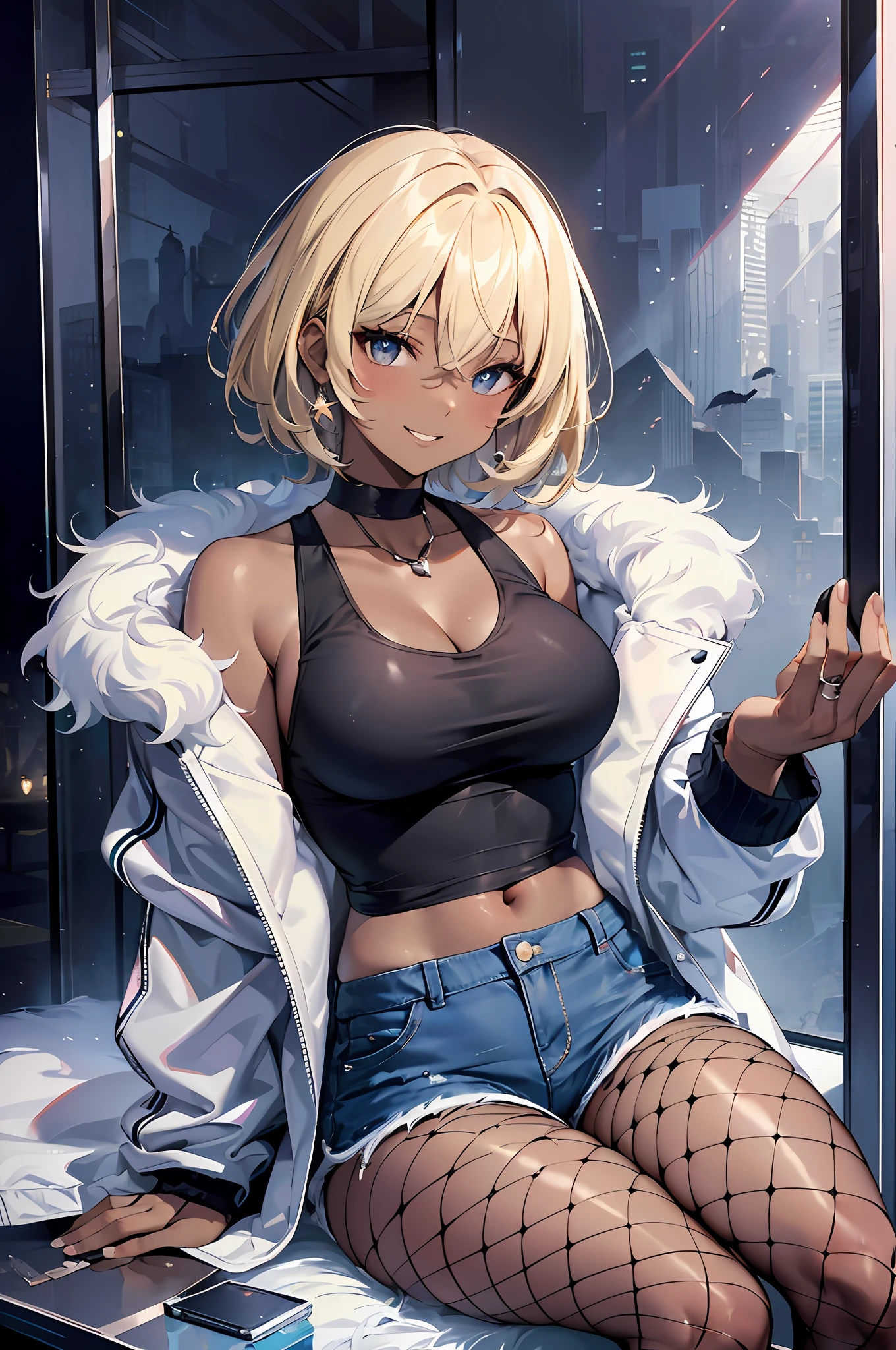 Top quality, masterpiece, incredibly beautiful, very delicate 8k wallpaper, short hair, blonde hair, evil smile,(deep skin|dark skin:1.1), bare_legs,(wearing fishnet tights:1.1),(jacket with white fur:1.1), half ???????, tank top, denim shorts, (five fingers, 4fingers and 1thumb),