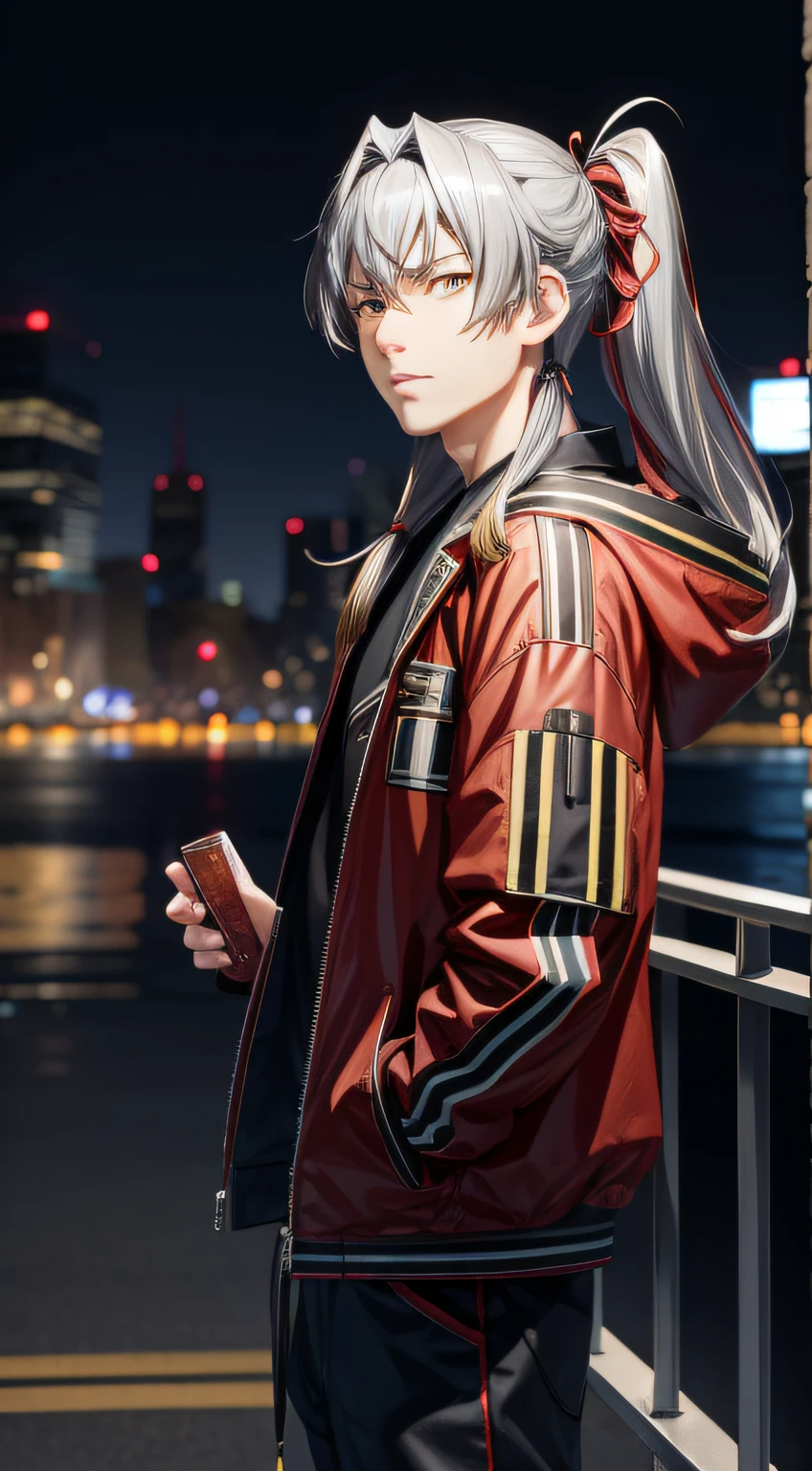 (Realistic:1.2), Satoshi Kizaki\(side-m\), Solo, view the viewer, 1boy, Daoyagao, Long hair, view the viewer, bangs, Hair ribbon, Low ponytail, Yellow eyes, whaite hair, Red jacket, Black shirt, Pants, day, sky