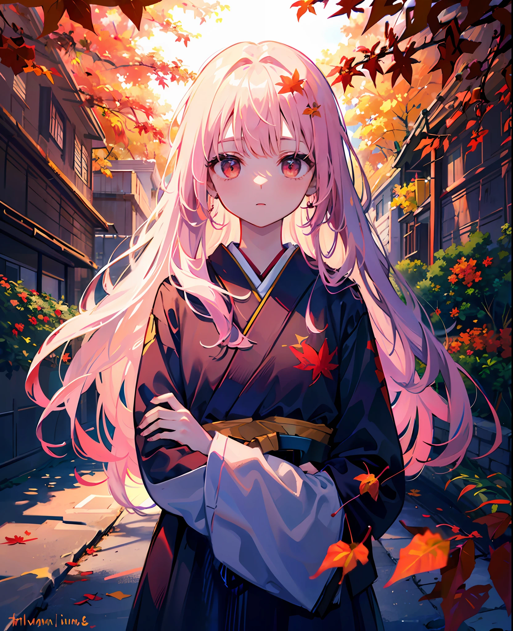 Masterpiece,
(imid shot:0.95), (Upper body:1.25),(Solo:1.4),(1girll:1.2),1girll,Pink hair, Breasts, Autumn_Leaves, leafs, Maple_leafs, Falling_Leaves, Autumn, tree, Solo, branch, Red_Eyes, Holding_leafs, leafs_Background, 1girll, Japanese_clothes, Looking_at_peeping at the viewer, bangs, komono,Small animals and trees on the lawn, The road is lined with small bushes with flowers, Very long hair, ,Flowing hair,Wind from the surface
Flowing hair,Oncoming wind