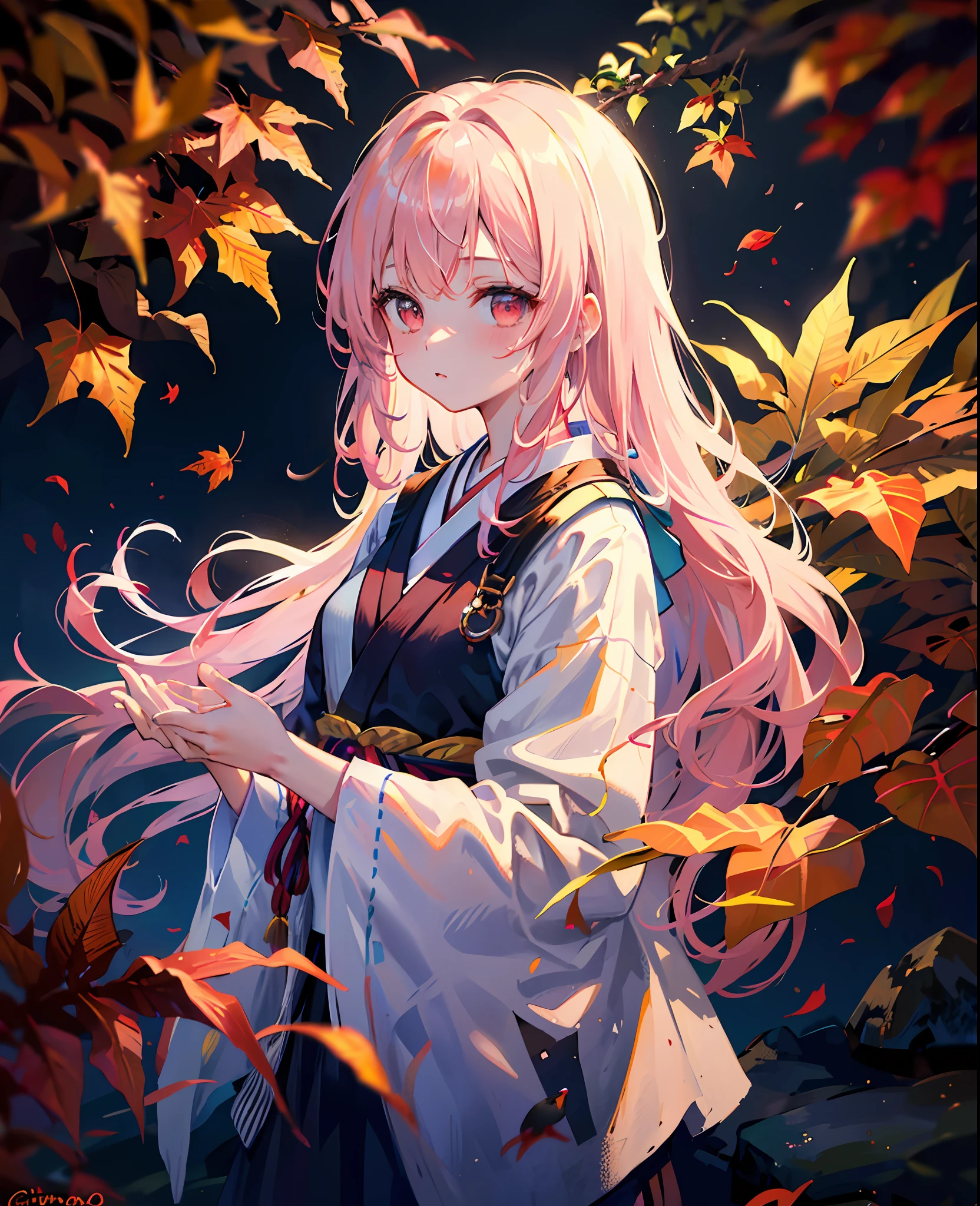 Masterpiece,
(imid shot:0.95), (Upper body:1.25),(Solo:1.4),(1girll:1.2),1girll,Pink hair, Breasts, Autumn_Leaves, leafs, Maple_leafs, Falling_Leaves, Autumn, tree, Solo, branch, Red_Eyes, Holding_leafs, leafs_Background, 1girll, Japanese_clothes, Looking_at_peeping at the viewer, bangs, komono,Small animals and trees on the lawn, The road is lined with small bushes with flowers, Very long hair, ,Flowing hair,Wind from the surface
Flowing hair,Oncoming wind