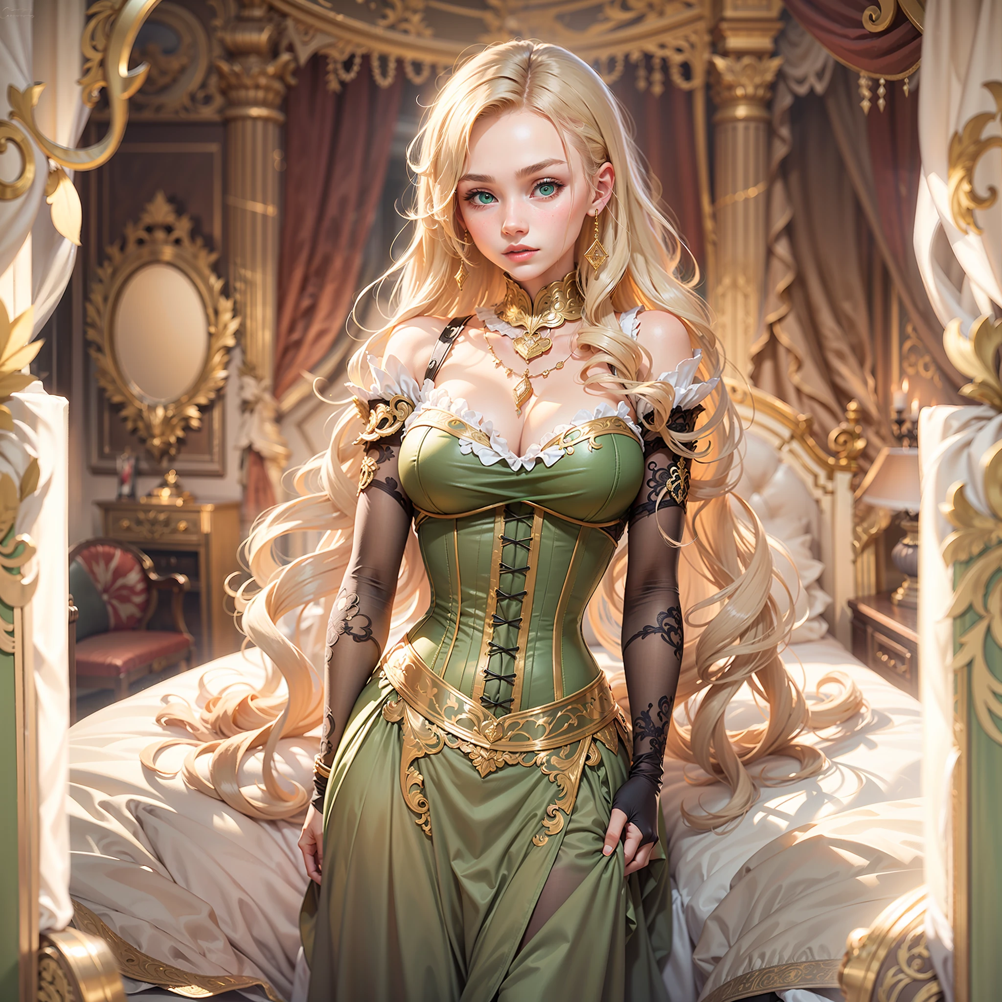 young girl, (20years old), Tall stature, athletic build, White Skin Skin, European noble face, blond hair, Green eyes, Straight nose, Big nose, pronounced cheekbones, Thin neck, Noble clothes, gold dress with corset, Inside the ornate bedroom, standingn.
