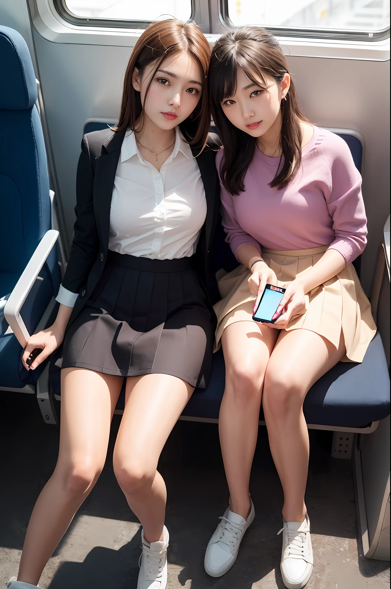 4D, (8K, highest quality, masterpiece: 1.3), (realistic, photorealistic: 1.4), ultra high definition, 1 girl, (japanese female), (handling smart phone, looking at smart phone screen:1.4), stare at smartphone screen, (sagging breasts), (high-definition cute face), sitting train seat, (longitudinal train seat:1.2), white shirt, navy pleated skirt, professional lighting, high-definition fingers, high-definition eyes, high-definition teeth, angle from above, front view