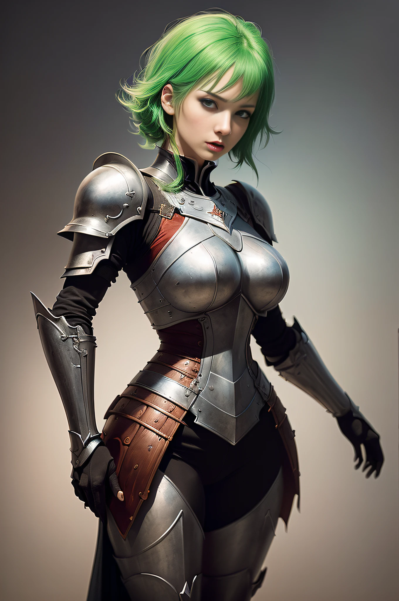 arafed woman in armor with green hair and a sword, armor girl, stunning character art, of a beautiful female knight, female knight, artgerm julie bell beeple, beautiful female knight, stanley artgerm lau, steven artgerm lau, girl in knight armor, deviantart artstation cgscosiety