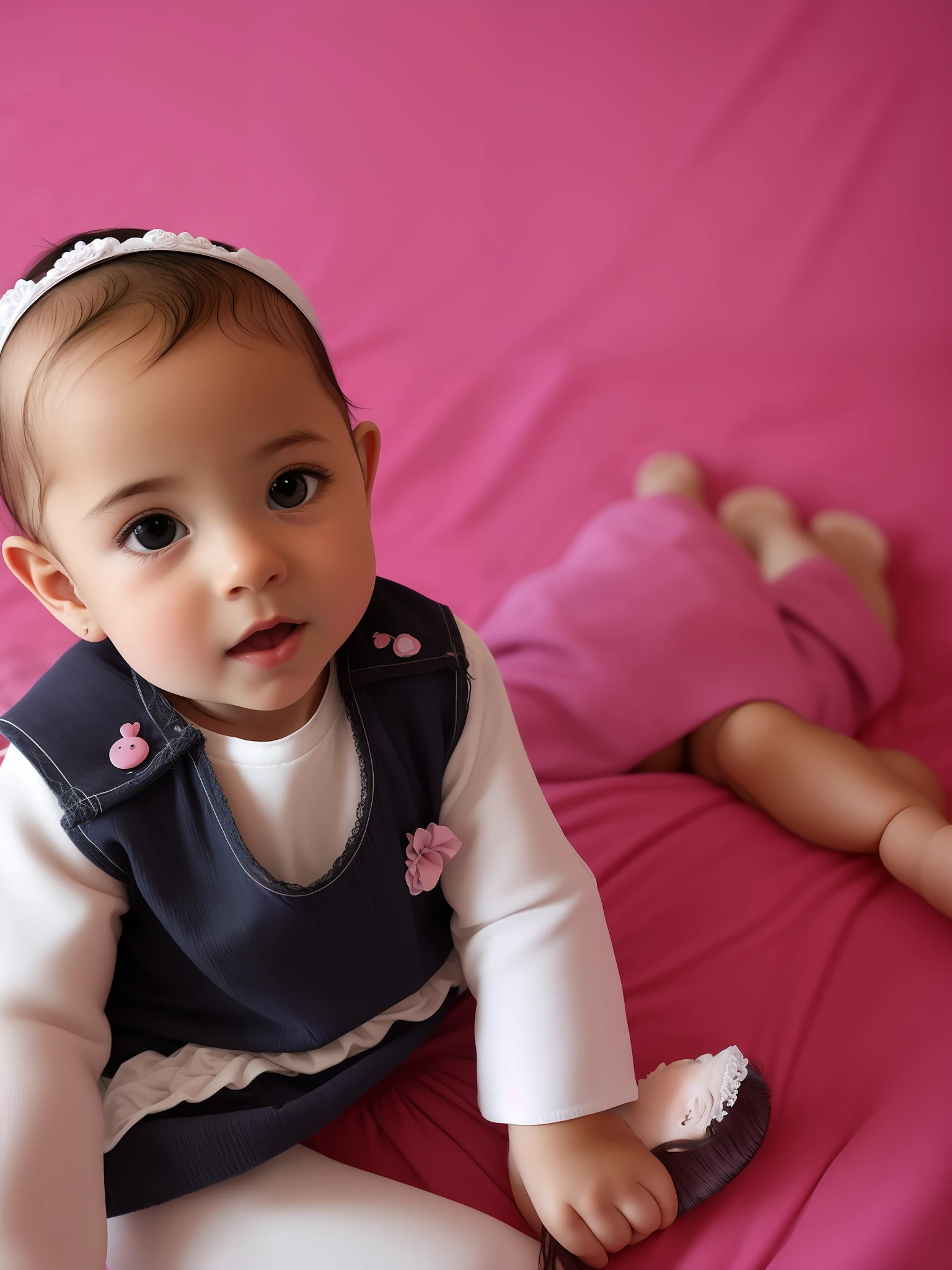 There is a baby sitting on a bed with a pink blanket, fotografiagrafia, Detalhes adicionais, fotografia, screensaver, imagem muito detalhada, doce e inocente, closeup of an adorable, handmade, retrato 4 / 3, fotografia de retrato em close-up, imagem detalhada, not cropped, em detalhe, olhar inocente, fotografia modo retrato, babies in her lap, bottom angle, Giro