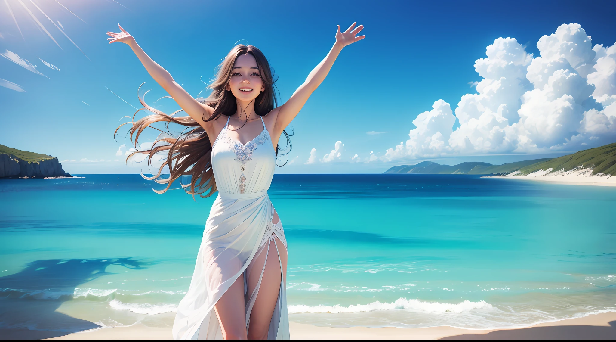 Happy woman standing, Looking out to sea with open arms on a sunny day, bela imagem, realistic and beautiful aesthetics, Sea of clean and crystal clear waters --auto