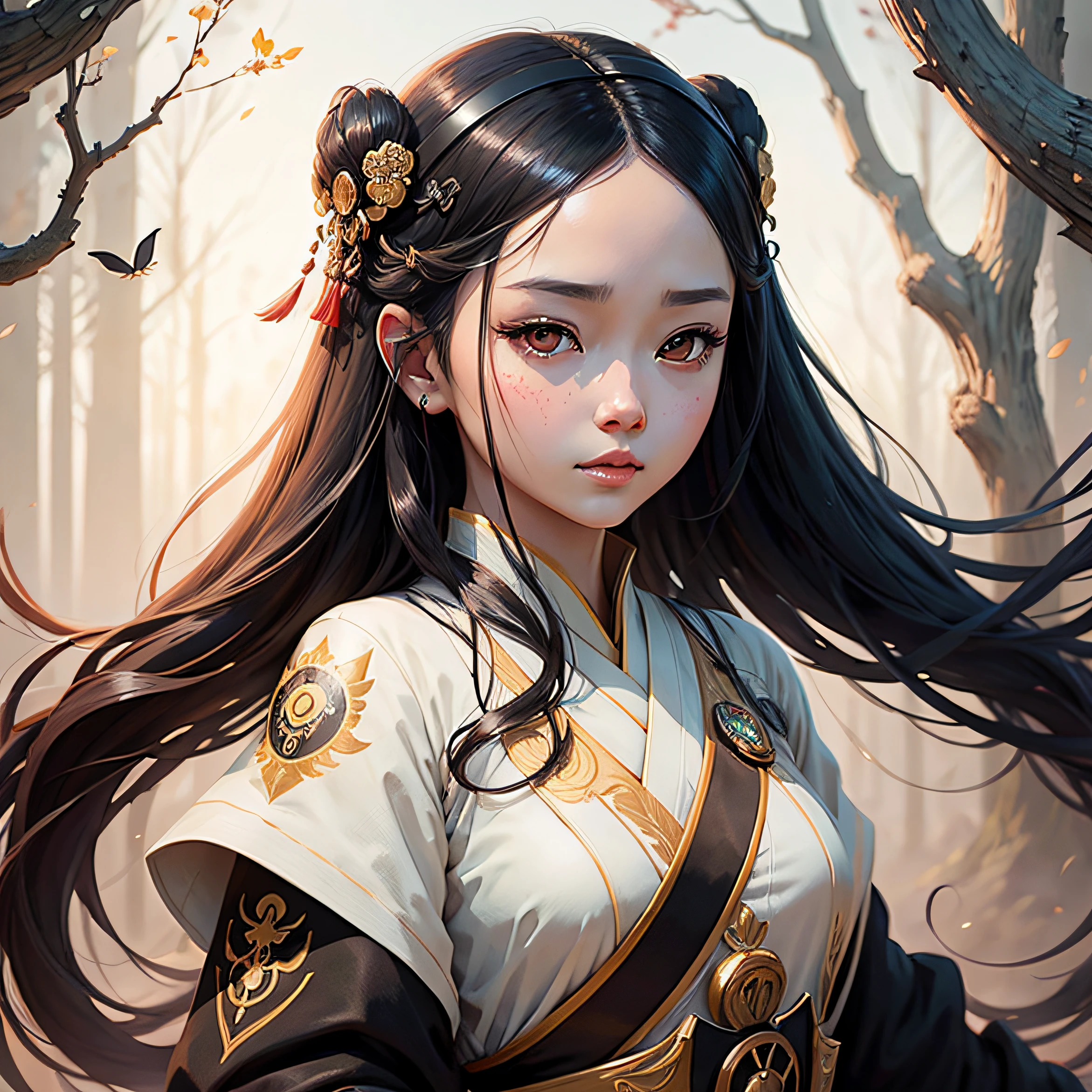 Anime girl with blackbird and white background,， A girl in Hanfu, delicated face，Big eyes shining，black color hair，complaisant，There are levels，Background is line drawing forest dead branches，A black flying bird，A beautiful artwork illustration, Guviz-style artwork, by Yang J, highly detailed exquisite fanart, Guviz, Detailed digital anime art, Digital anime illustration,Beautiful character painting, eye-catching detailed art style, a beautiful fantasy empress, Exquisite digital illustration，Exquisite，HD， --auto