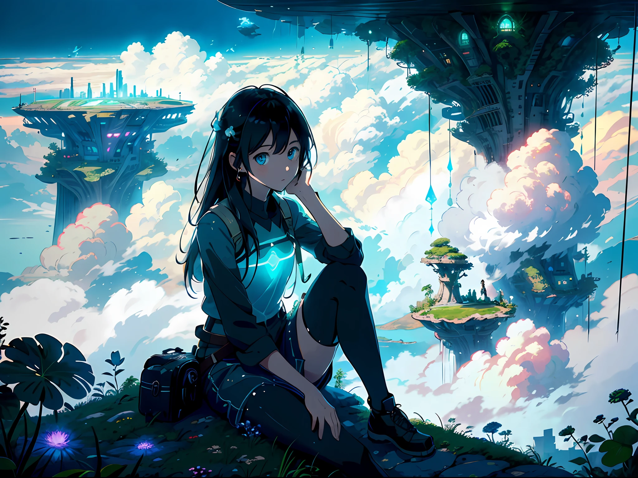 octane render, bioluminescent,8K resolution concept art, realism,by Mappa studios,masterpiece,best quality,official art,illustration,ligne claire,(cool_color),perfect composition,absurdres, fantasy,focused,(in the air),(above the cloud:1.4),(finely detailed modern lost_city:1.3),(lost_city towering above the clouds:1.2),epic,(focus_girl:1.2),(girl in city peak of Broken bridge), sitting on the verge of that bridge looking at the far horizons,rule of thirds,anime_face,fine-tuning face, detailed eyes,cute face,black hair, finely detailed fantasy traveler clothes,calm expression ,overhead_viewer,wind blow at viewer,fantastic plant,book,Giant World Tree,motion,(depth_of_field), extension image, view from above
