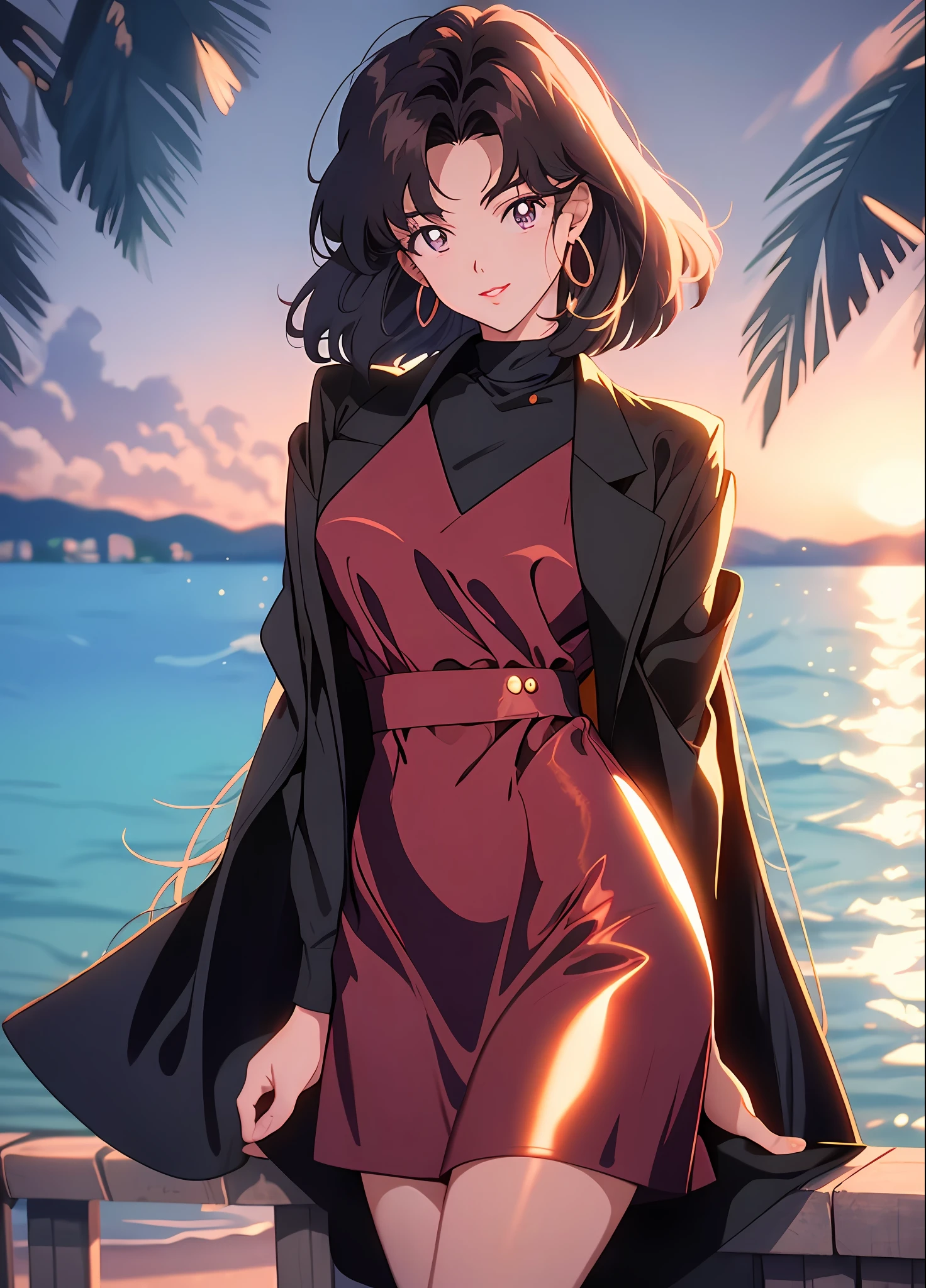 90's anime style，tmasterpiece，best qualityer，highest  quality，realisticlying，perfectanatomy，perfectface，Perfect eyes，long eyelasher，largeeyes，eye glass，Red lips，lipstick，Business suit，1girll，独奏，brunette color hair，shift dresses，eBlue eyes，shairband，（cabelos preto e longos），Pink dress，blacksilk，red hairband，exteriors, ssmile，lakeside，the sunset🌇