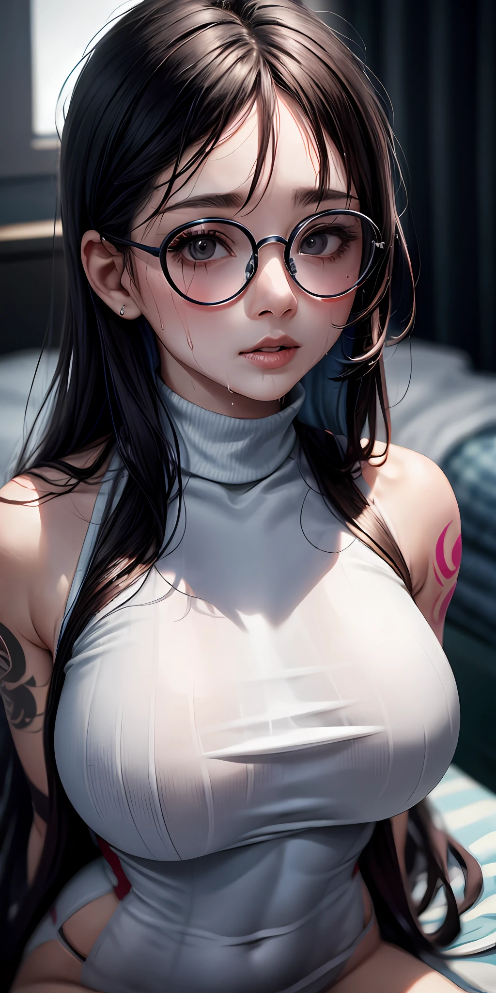 one-girl,circle glasses，Tattooed with， One-piece turtleneck white sleeveless sweater, Long white cotton socks, The lips are slightly open, Red-faced, Wet hair，Sweat all over the body，sit on a bed, crisp breasts, Convex buttocks, Grab your chest with both hands，Detailed background, Clothing details, perfectly proportioned, Multiple perspectives，filmgrain, Fuji colors, lightand shade contrast, tmasterpiece, high detal, high qulity, A high resolution, Cinematic lighting, 8K, Textured skin, Super detail