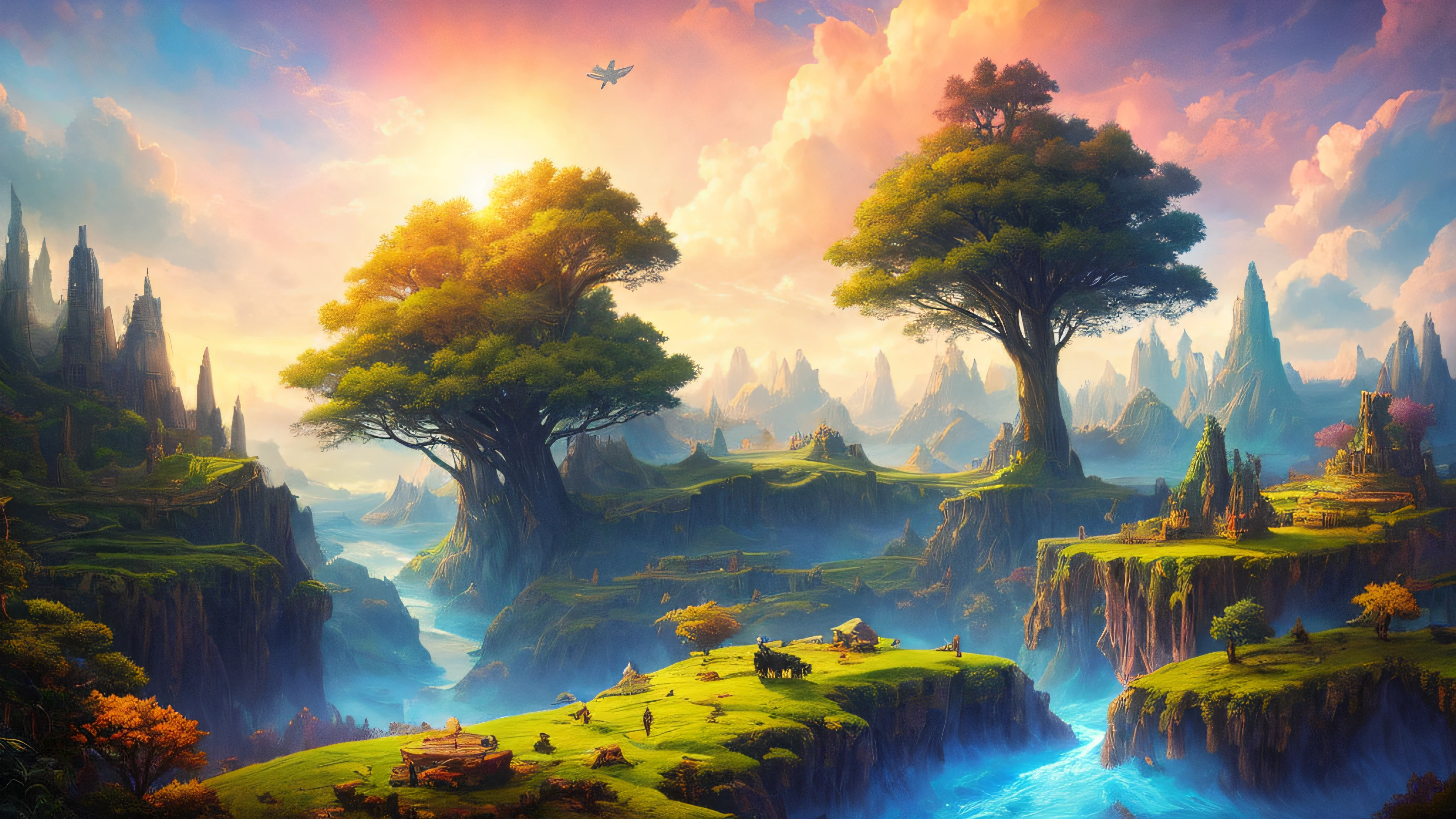 A mystical and epic landscape, featuring a fantastical and surreal world of floating islands, giant trees, and mythical creatures, that transport the viewer to a world of imagination and wonder, artstation, digital art, intricate, trending, bright colors