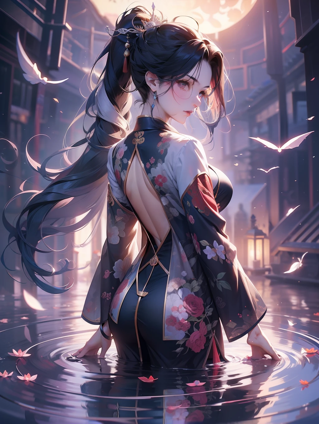 solo, beautiful female, wuxiaworld, Ancient Chinese Articles of Clothing, ancient customs, wind blow, blossom, pond, night, moon relection in the pond, blue hair, purple hair, ponytail, long hair, lonely, gradient hair, black hair, silver hair, long hair, ray tracing, reflection light, depth of field, from behind, panorama, masterpiece, best quality, high details, high quality, ccurate, textured skin, UHD