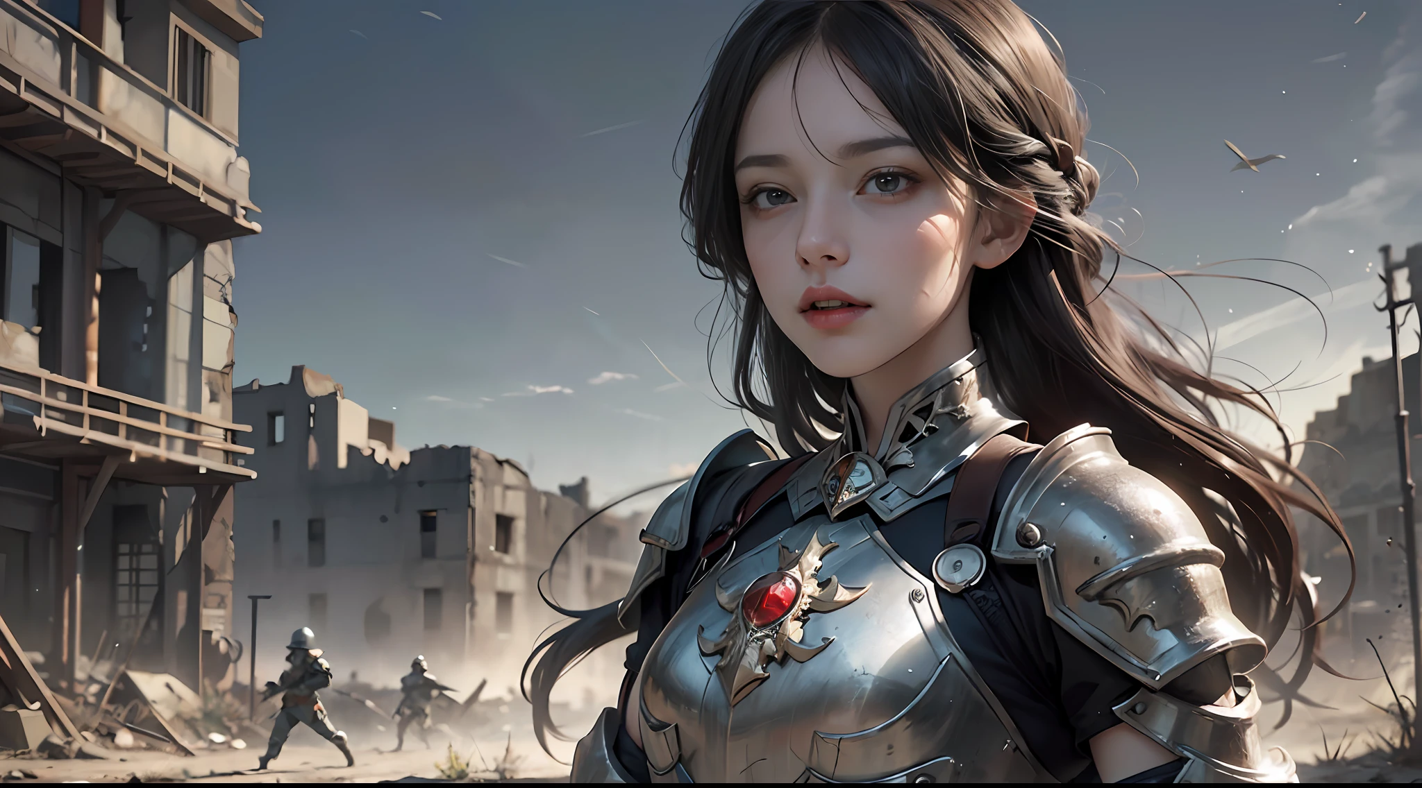 8k wallpaper，ultra - detailed，rich details​，ultraclear，8K,，Best quality at best，best qualtiy，mistic，2girls，Black armor，Ancient Chinese general armor，（（（Sword in hand））），facing to audience，(((A withered battlefield，废墟，run-down,Wasteland，barren，A desert)))，Sadness outside，battlefiled，ancient battle field，，（（the night，Dimly lit，Dark 1.3）），Bust composition