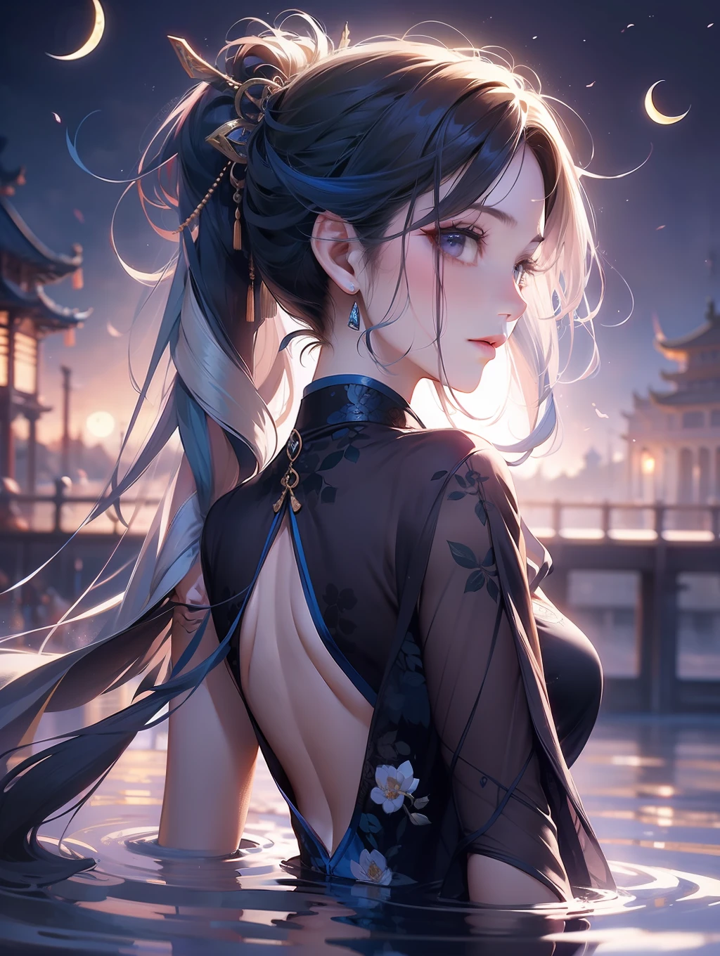solo, beautiful female, wuxiaworld, Ancient Chinese Articles of Clothing, ancient customs, wind blow, blossom, pond, night, moon relection in the pond, blue hair, purple hair, ponytail, long hair, lonely, gradient hair, black hair, silver hair, long hair, ray tracing, reflection light, depth of field, from behind, panorama, masterpiece, best quality, high details, high quality, ccurate, textured skin, UHD