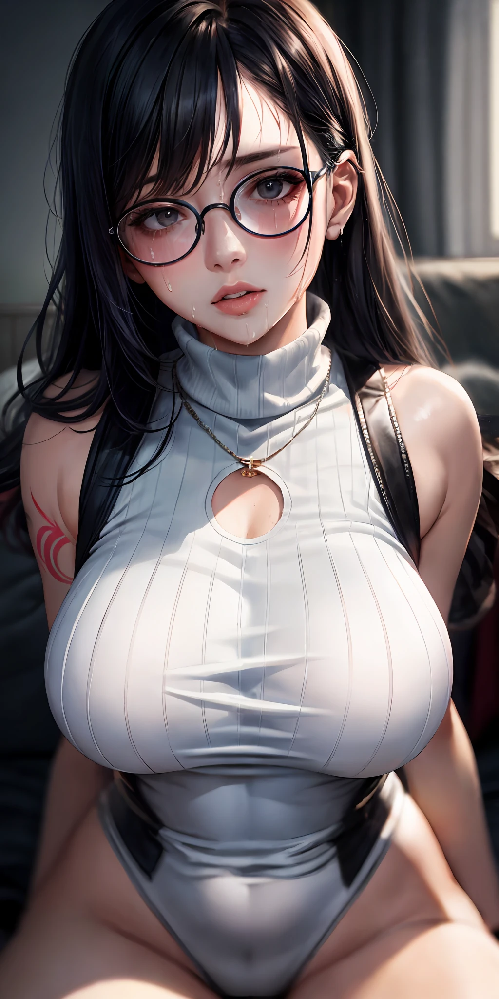 one-girl,circle glasses,Tattooed with, One-piece turtleneck white sleeveless sweater, Long white cotton socks, The lips are slightly open, Red-faced, Wet hair,Sweat all over the body,sit on a bed, crisp breasts, Convex buttocks, Grab your chest with both hands,Detailed background, Clothing details, perfectly proportioned, Multiple perspectives,filmgrain, Fuji colors, lightand shade contrast, tmasterpiece, high detal, high qulity, A high resolution, Cinematic lighting, 8K, Textured skin, Super detail