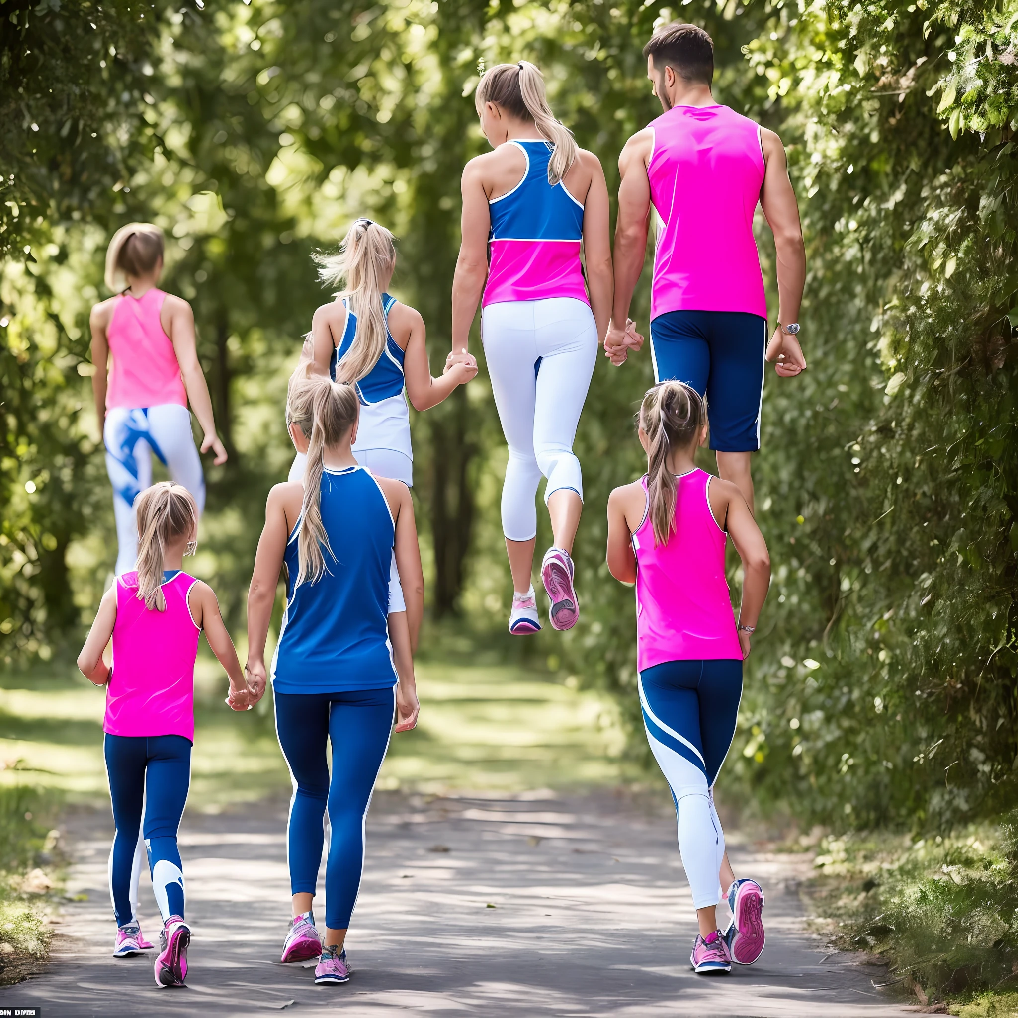Woman In Pink And Blue and White Workout Clothes Along With Her 15-Year-Old Daughter Walking With Her Husband Negão 30 Years --auto