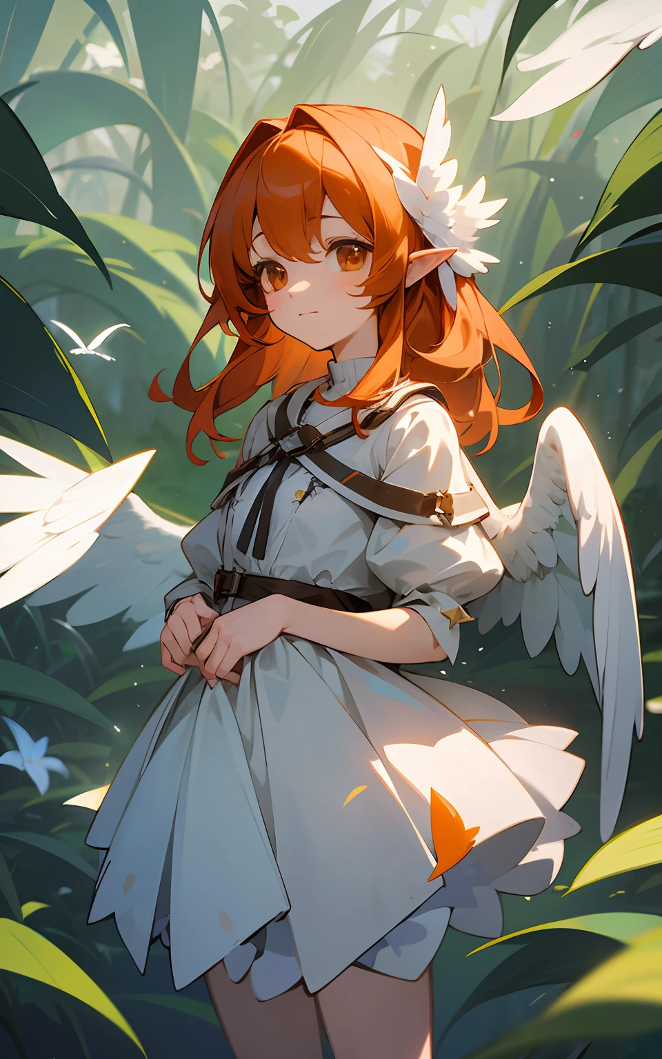 top-quality、hight resolution、detaileds、Beautiful with white bird wings on her back、lightly dressed、Forts on high ground、beautiful Girl、Harpy、Orange Medium Hair、