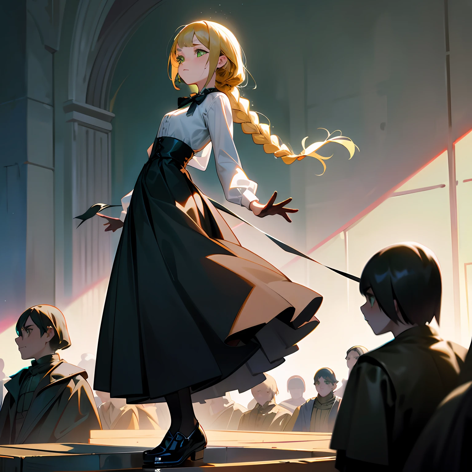 Gold double twisted braid，with fair skin，A few freckles on the face，Green eyes，Light dark circles，slim，white  shirt，black long dress，leather shoes，standing on your feet，The demeanor is restrained --auto