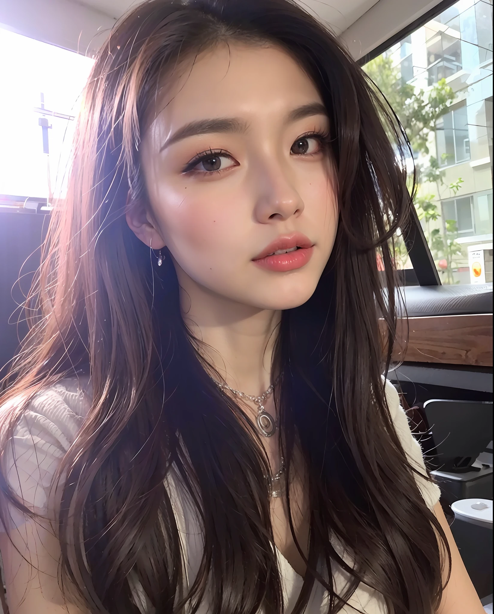 best quality, masterpiece, highres, 1girl, necklace, jewelry, Beautiful face, upon_body, tyndall effect, photorealistic, dark studio, rim lighting, two tone lighting, Korean girl, brown hair, (high detailed skin:1.2), 8k uhd, dslr, soft lighting, high quality, volumetric lighting, candid, Photograph, high resolution, 4k, 8k, Bokeh,