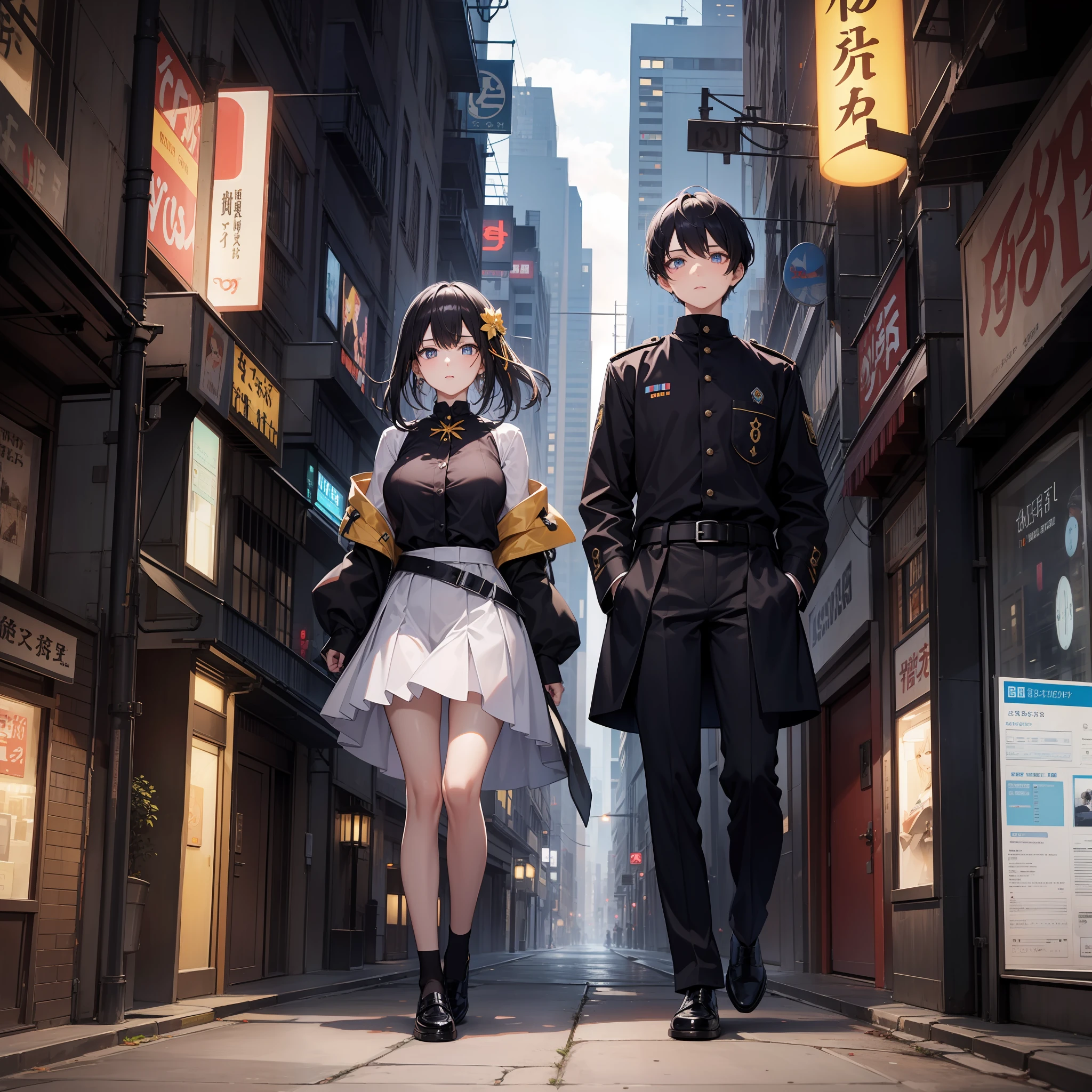 Top image quality、ultra-detailliert、8K、ultra-detailliert、Top image quality、1 girl in、Japan beauties、adult-like、Beautiful fece、drooing eyes、big eye、20yr old、Black surface hair、indigo hair on the back、Slim Faces、a cold expression、full body Esbian、Big breasts、Lustrous hair、Black uniform、Orange ribbon、Yellow button、A very large sickle in his left hand、Long skirt、Black skirt、a belt、Long-sleeved uniform、Neon City、highrise buildings、Dark place、Electronic panel、Near the future、City of the Future、Turning away、posterior view、The face is front、Facing the front、Team Uniform