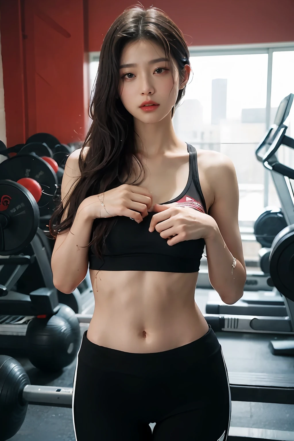 （（best qualtiy，4k，tmasterpiece：1.3）），A beautiful woman with a perfect figure：1.4，（Abs，Well-developed hand muscles:1.2），dark brown  hair，，track pants，Wet body，gym room，Highly Detailed Face and Skin Textur，Detailed eyes，二重まぶた，detailed finger，A half body，Look into the camera