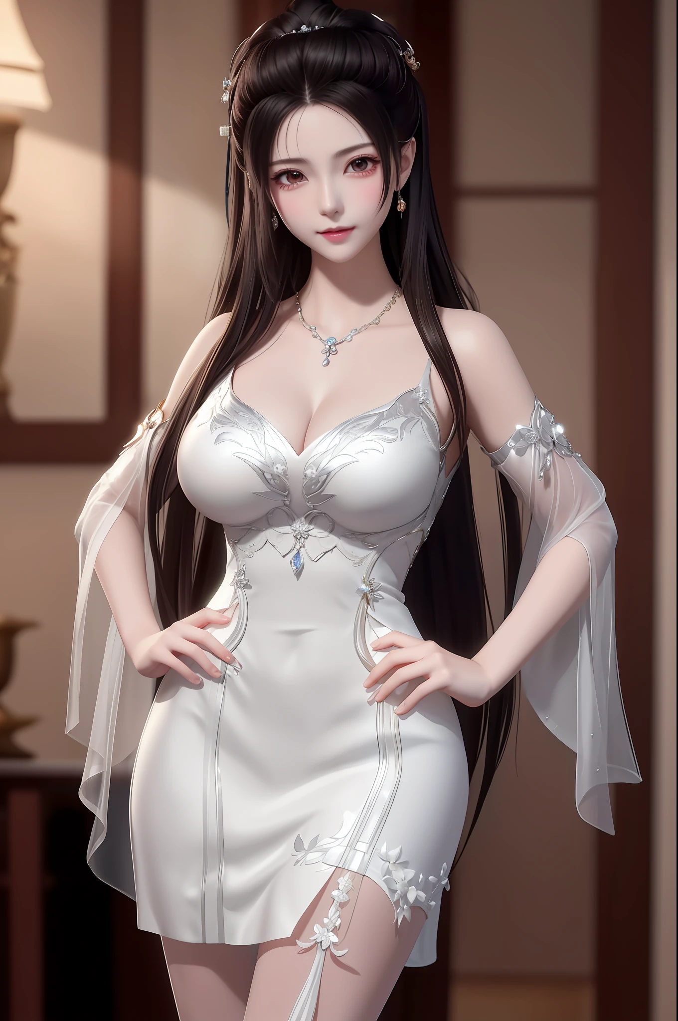 A close-up of a woman in a white dress posing for a photo, a beautiful fantasy empress, beautiful and seductive anime woman, seductive anime girls, Anime goddess, ((a beautiful fantasy empress)), full-body xianxia, smooth white tight clothes suit, Beautiful anime woman, tall thin beautiful goddess, 8K high quality detailed art, royal elegant pose, Japanese goddess